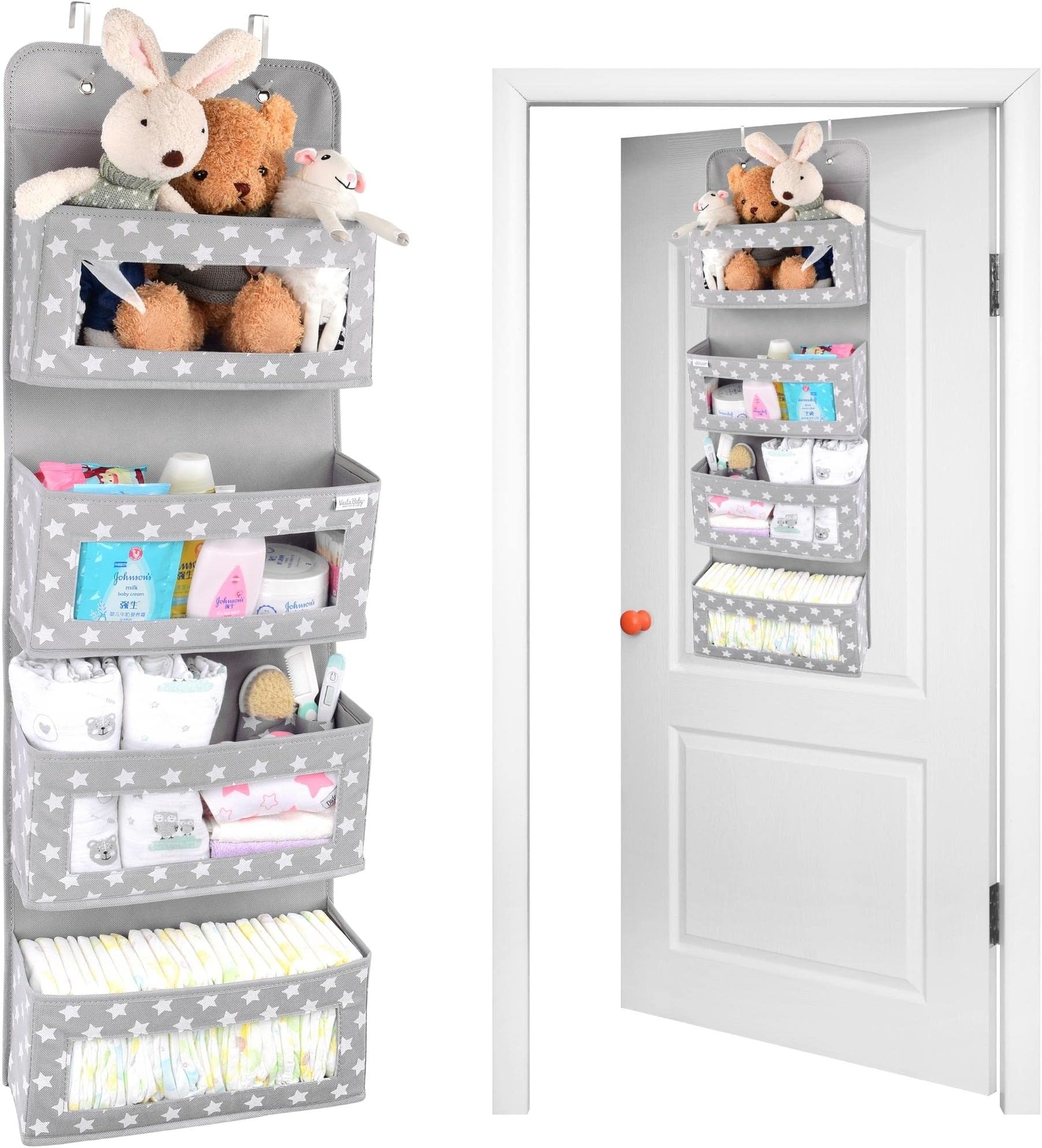 Vesta Baby Over the Door Hanging Organizer with Hooks - Unisex Space Saving 4 Pocket Storage Solution for Bathroom, Children's Room, Nursery - Clear Window Caddy Hanger - 2 Small Items Utility Pockets