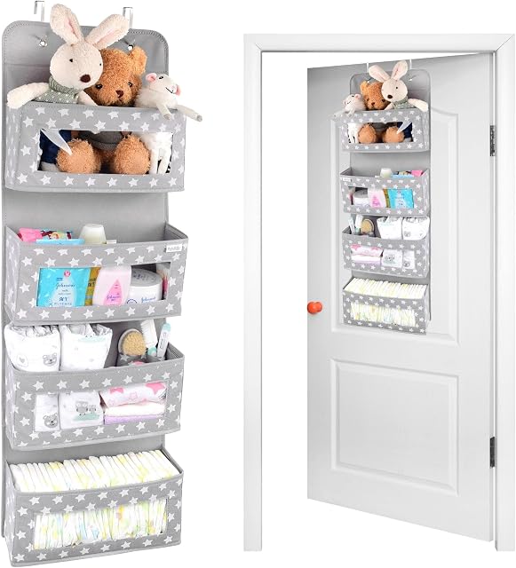 Vesta Baby Over the Door Hanging Organiser with Hooks - Unisex Space Saving 4 Pocket Storage Solution for Bathroom, Children's Room, Nursery - Clear Window Caddy Hanger - 2 Small Items Utility Pockets