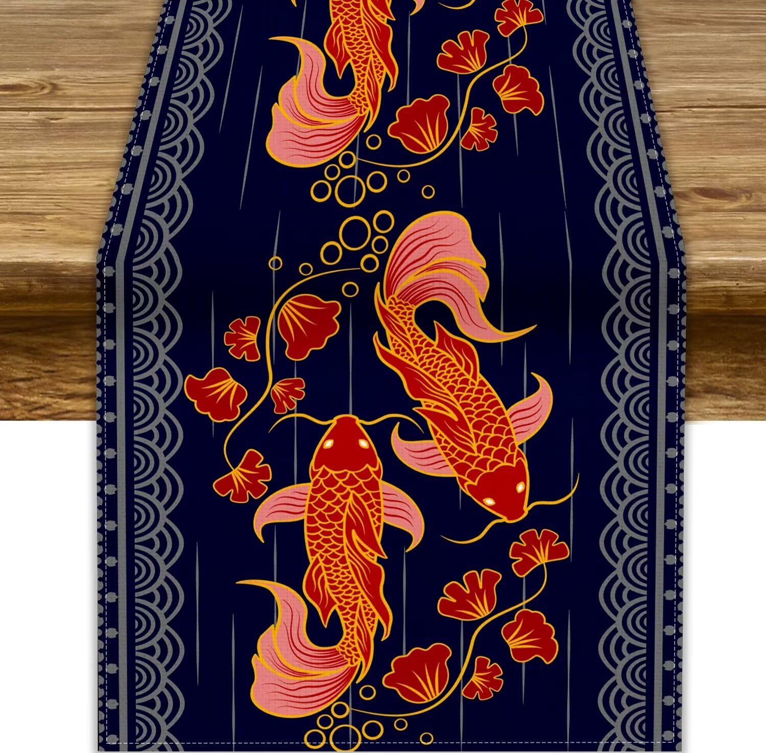 Japanese Koi Fish Table Runner,Traditional Asian Style Print Dinner Table Decoration for Home Kitchen Dining Table Holiday Party Wedding Decor 13x108in