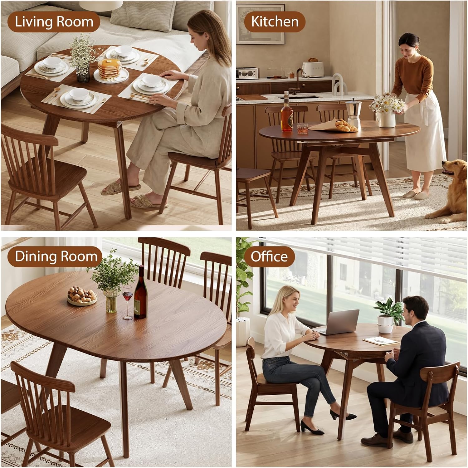 Solid Wood Round Extendable Dining Table, 43″-59″ Expandable Dining Table for 4-8, Oval Extendable Dining Room Table with Hidden Storage, Oval Dining Tables with Leaf, Walnut Round Kitchen Table