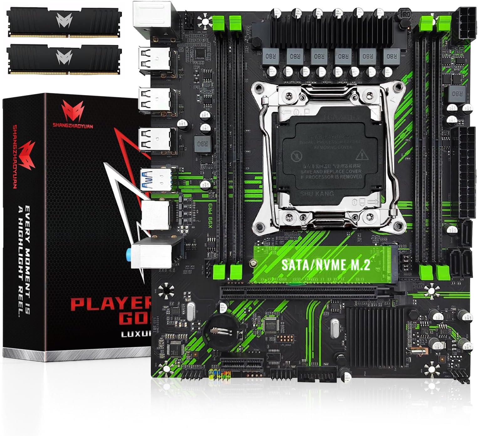 SHANGZHAOYUAN X99 PR9 Motherboard and DDR4 RAM 8GB*2, LGA 2011-3 Motherboard for Intel Xeon E5 V3 V4 Processors (DDR4 Slot, PCIe 3.0, M.2 Protocol, SATA 3.0, USB 3.0, Gigabit LAN)