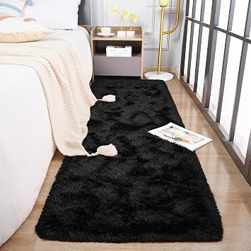 Fluffy Runner Rug for Bedroom Living Room, Soft Shaggy Kids Girls Room Bedside Rug Dorm Rug with Non Slip Backing Plush Fuzzy Hallway Carpet Indoor Home Decor, 2 x 6, Black