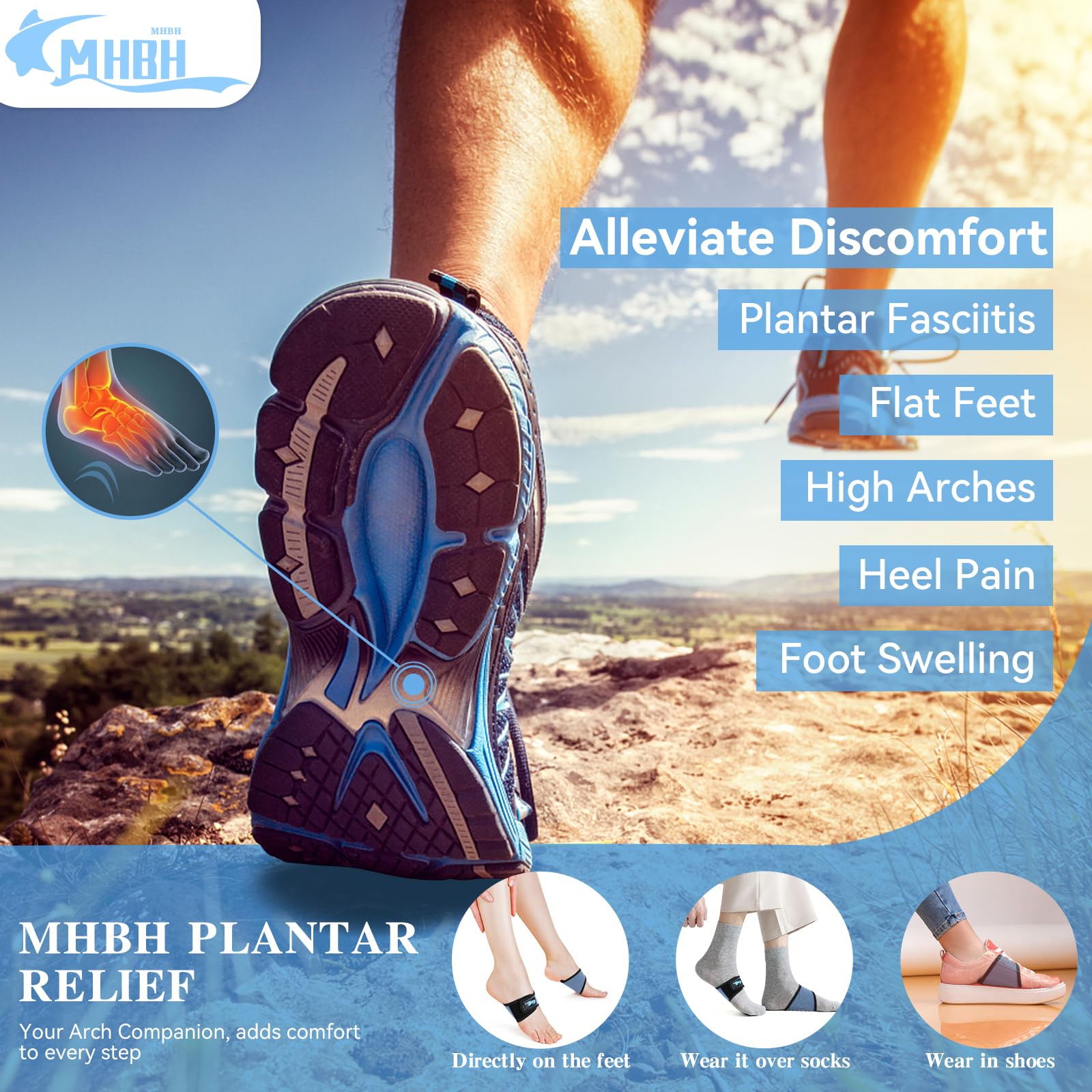 Arch Support Braces for Plantar Fasciitis Relief, MHBH Upgraded Honeycomb Wearable Arch Support for Women and Men, Breathable Mesh Adjustable Bands Gel Pads for Flat Feet High & Fallen Arch (Blue)