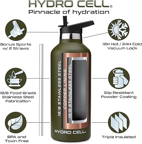 Miniatura 3 de HYDRO CELL Botella de agua de acero inoxidable con pajita y 2 tapas estándar de boca (32 onzas, 24 onzas, 20 onzas, 16 onzas), mantiene los líquidos