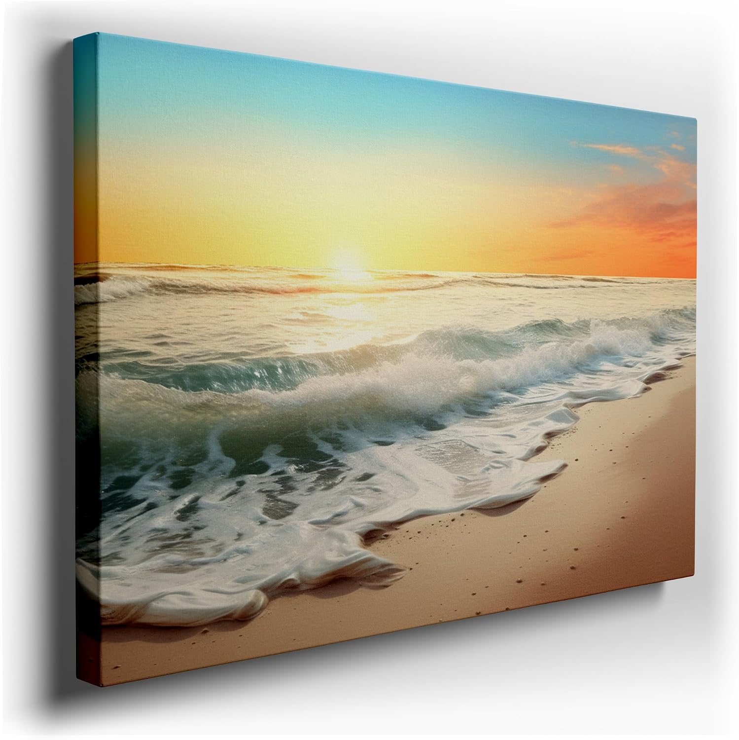 Canvas for Living room. Sunset Serenity on Golden Shores � Embracing Peace as Waves Kiss the Sand, 27 x 18 inch Canvas Wall Art - Contemporary Masterpieces - Modern Home Decor