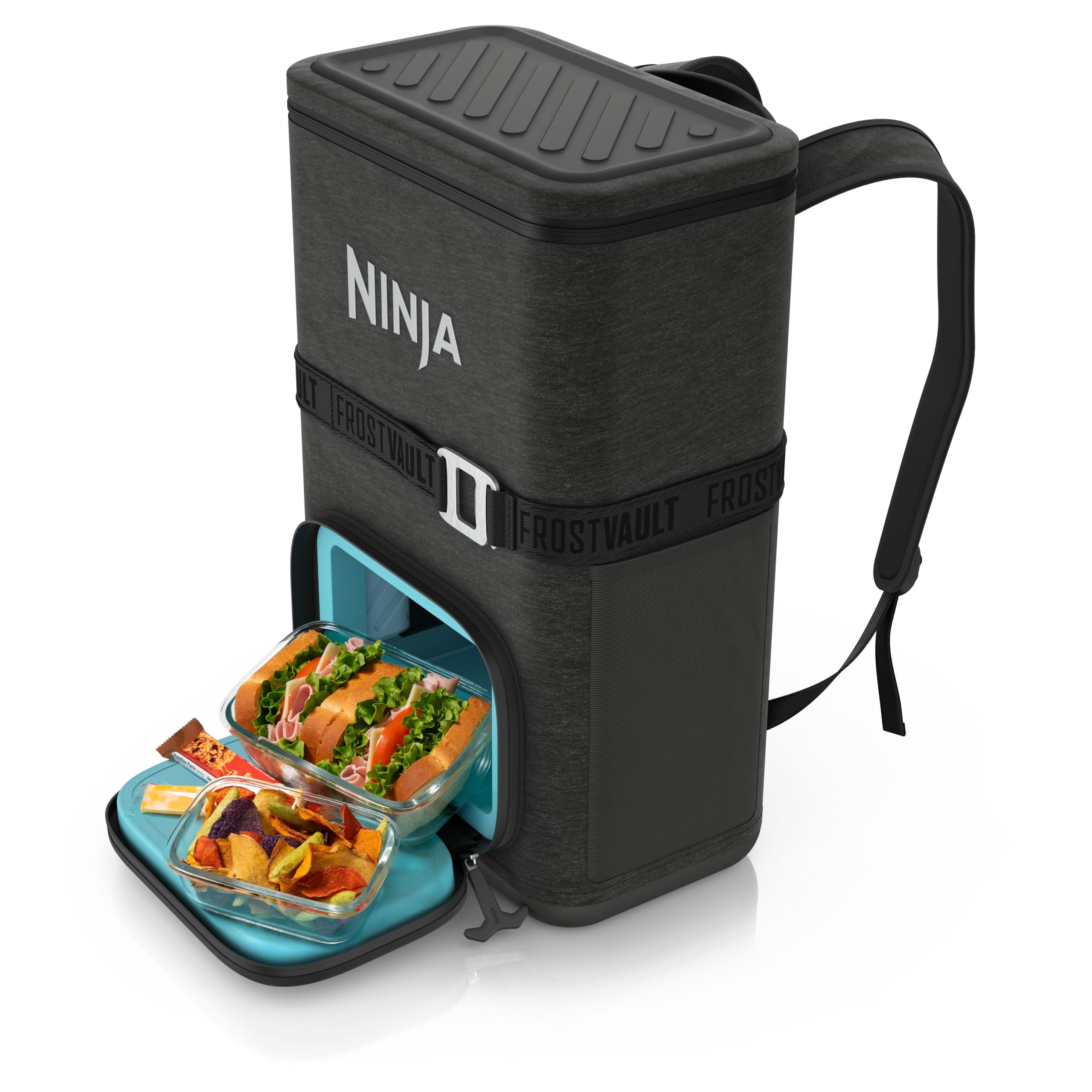 ninja  backpack cooler  frostvault go can soft cooler  leakproof zipper with built in can opener 2 ice packs amp dry storage drawer  for hiking camping amp more  2436 can