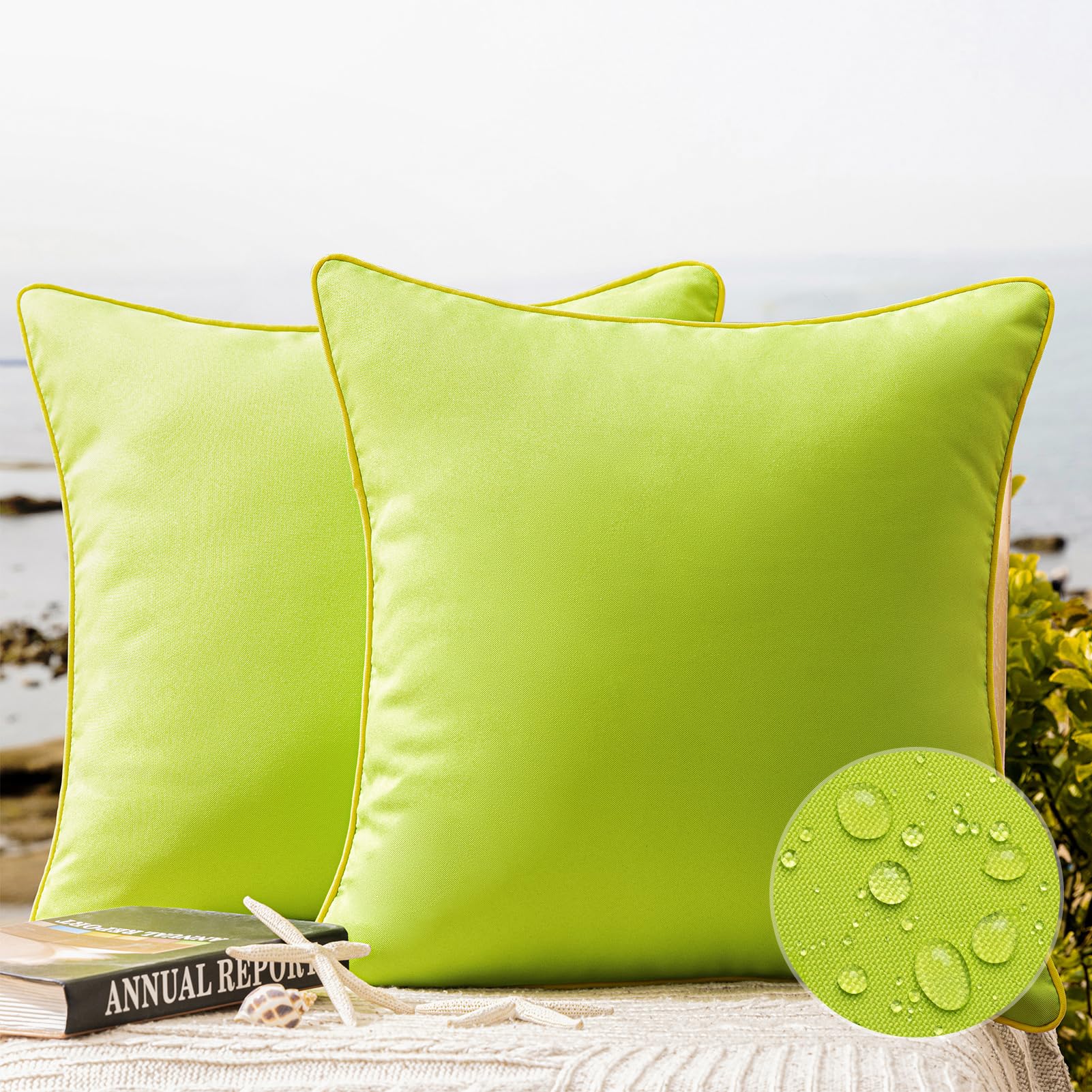 Phantoscope Pack of 2 Outdoor Waterproof Throw Pillow Covers with Contrast Piping, Decorative Square Cushion Case Patio Pillows for Couch Tent, Lime Green 20x20 inches