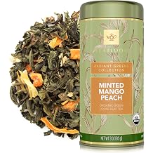 Teabloom Organic Green Tea, Minted Mango Peach Loose Leaf Tea, Fresh and Fruity, Purest Quality Green Tea Leaves, USDA Certified Organic, Fresh Whole Leaf Blend in Reusable Gift Canister, 3oz/85 g Canister Makes 35-50 Cups