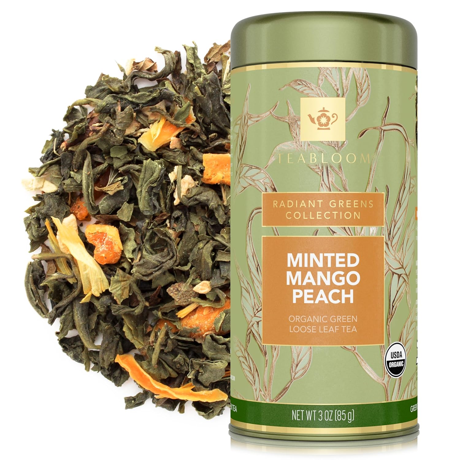 Teabloom Organic Green Tea, Jasmine Pearls Loose Leaf Tea, Captivating and Aromatic Jasmine Tea, USDA Certified Organic and Kosher, 5.29 oz/150 g Canister Makes 90-120 Cups