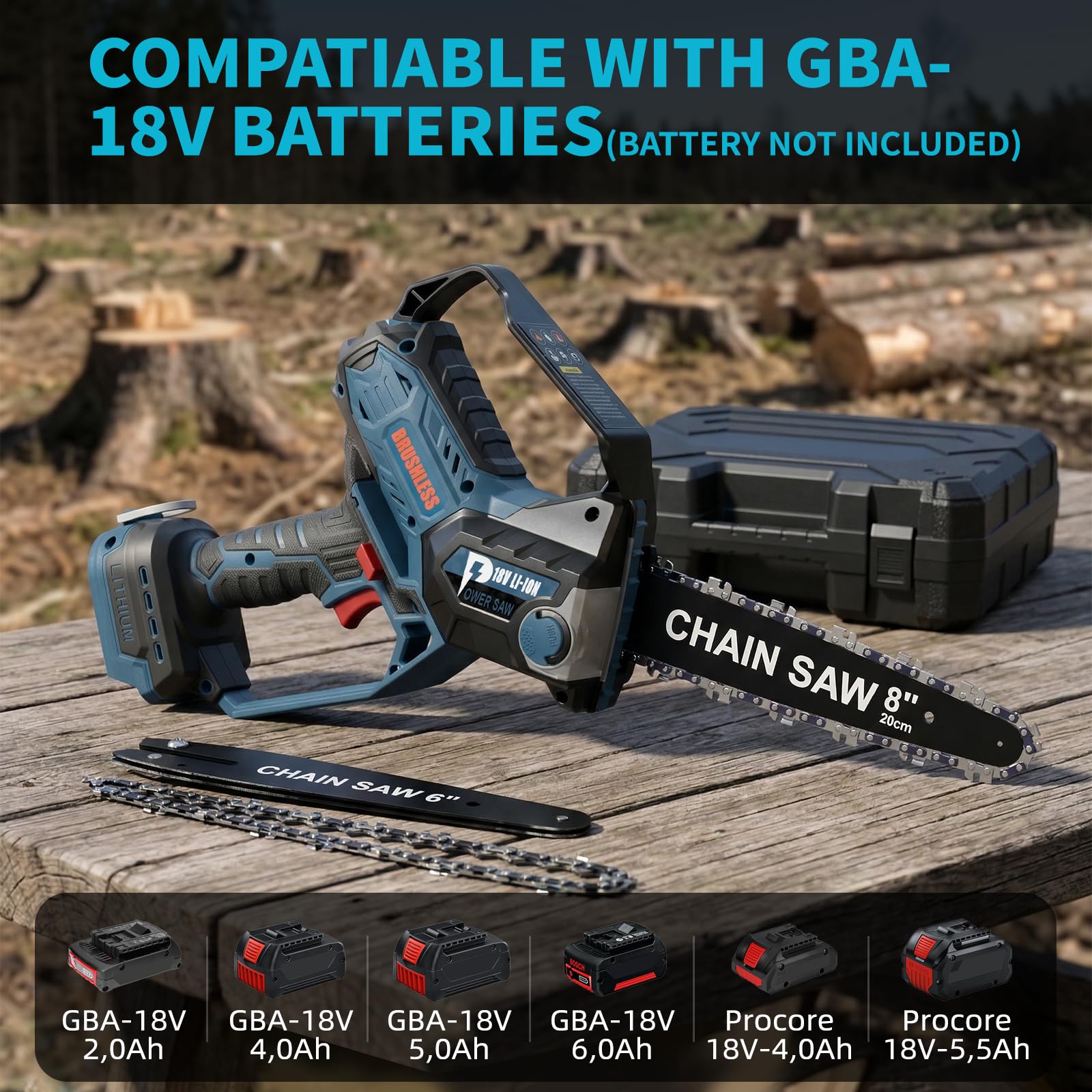 Motosierra de 8 pulgadas para batería Bosch GBA de 18 V, engrasadora automática, motosierra de poda inalámbrica sin escobillas de 6 y 8 pulgadas, mini motosierra alimentada por pilas para cortar