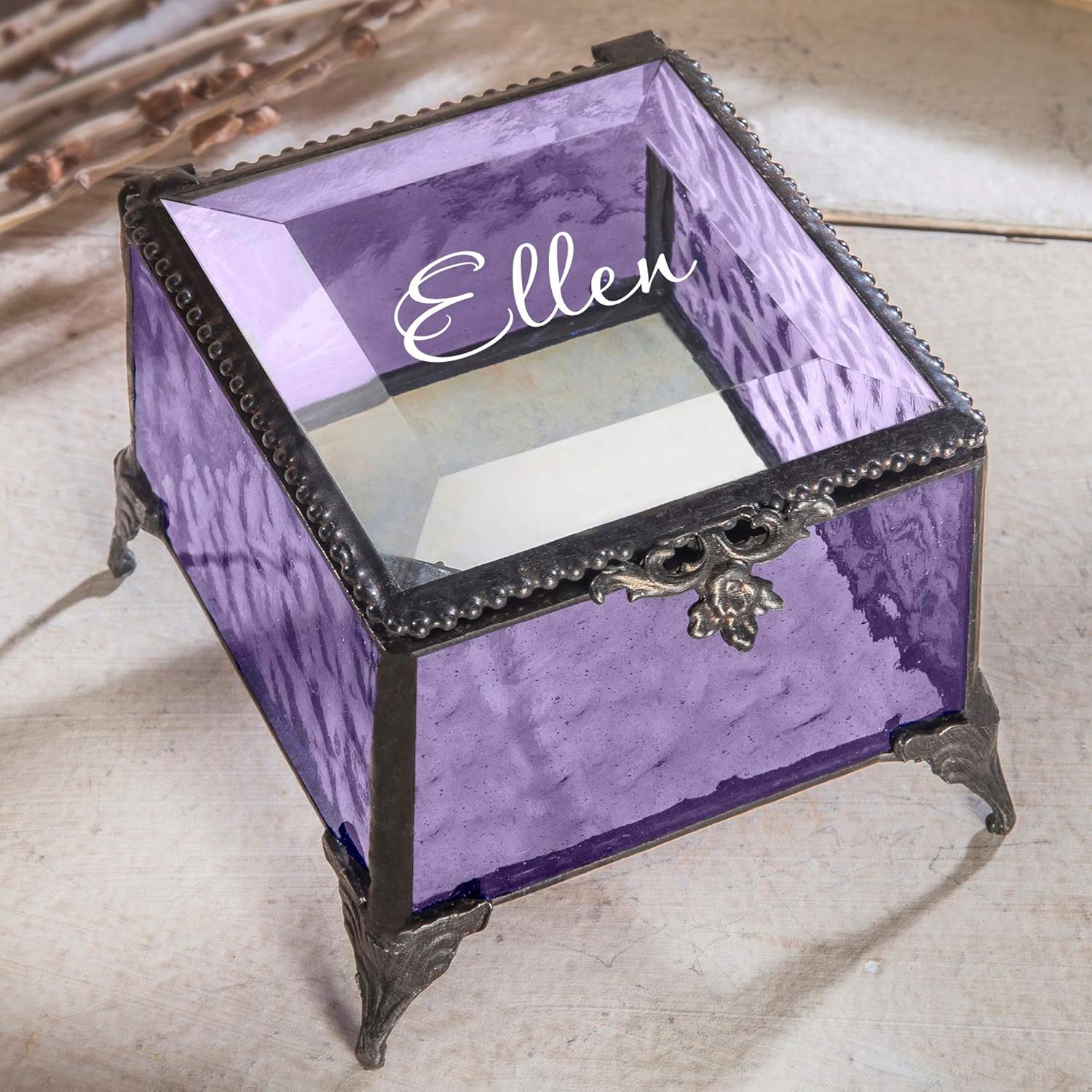 Personalized Purple Glass Box Decorative Vanity Display Case Storage Jewelry Organizer Keepsake Gift for Her Girl Women Purple Vintage Decor J Devlin Ellen Box 836 EB245