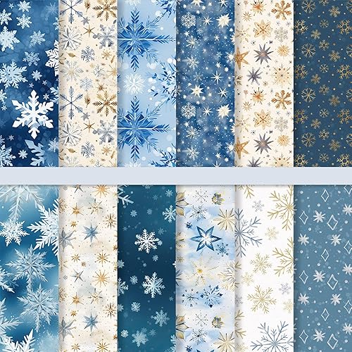 JarThenaAMCS 24 Sheets Winter Pattern Paper Blue Gold Snowflake Scrapbook