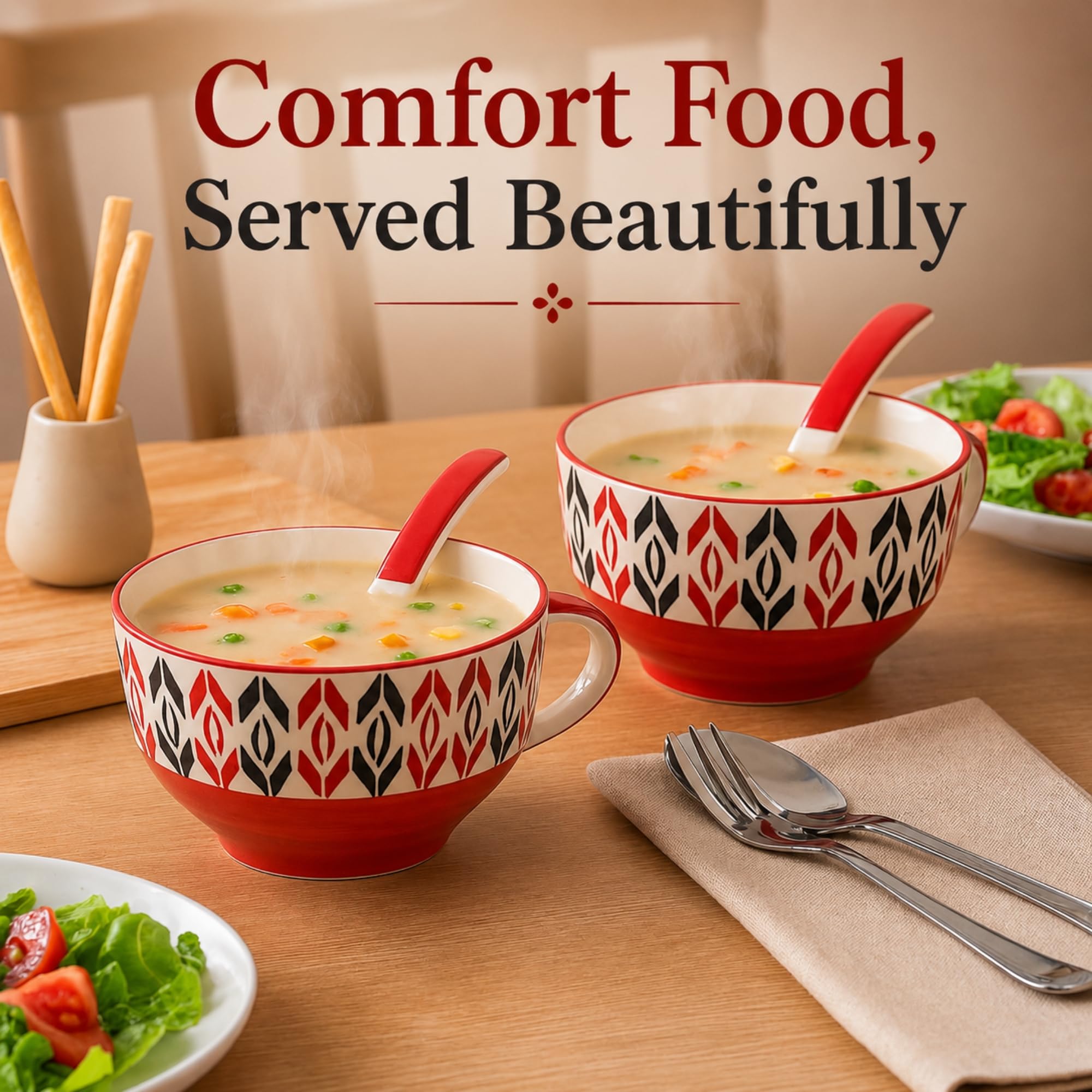 KITTENS Handpainted Ceramic Soup Bowl Set of 2 with Spoons (300ml) | Microwave & Dishwasher Safe | Ceramic Bowls for Soup, Ramen, Noodles, Curry & Dessert | Red & Black Handmade Design