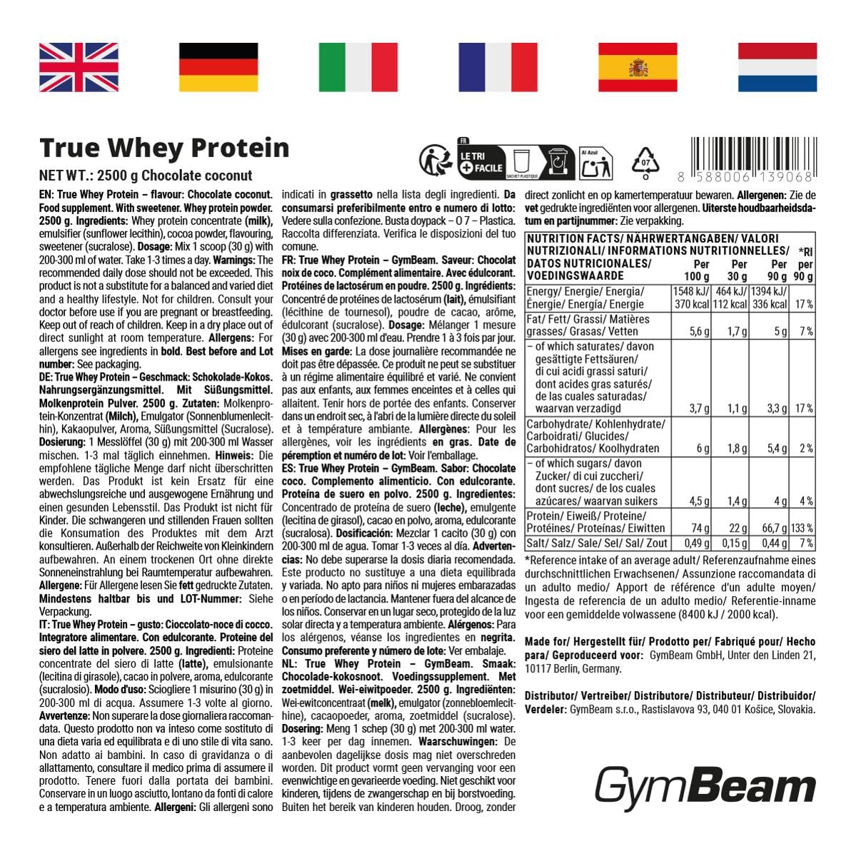 GymBeam Proteine in Polvere True Whey, Concentrato di Proteine del Siero del Latte (WPC), Proteine Whey di Alta Qualità, BCAA, Favoriscono la Crescita Muscolare (Chocolate-Coconut, 2500 g)