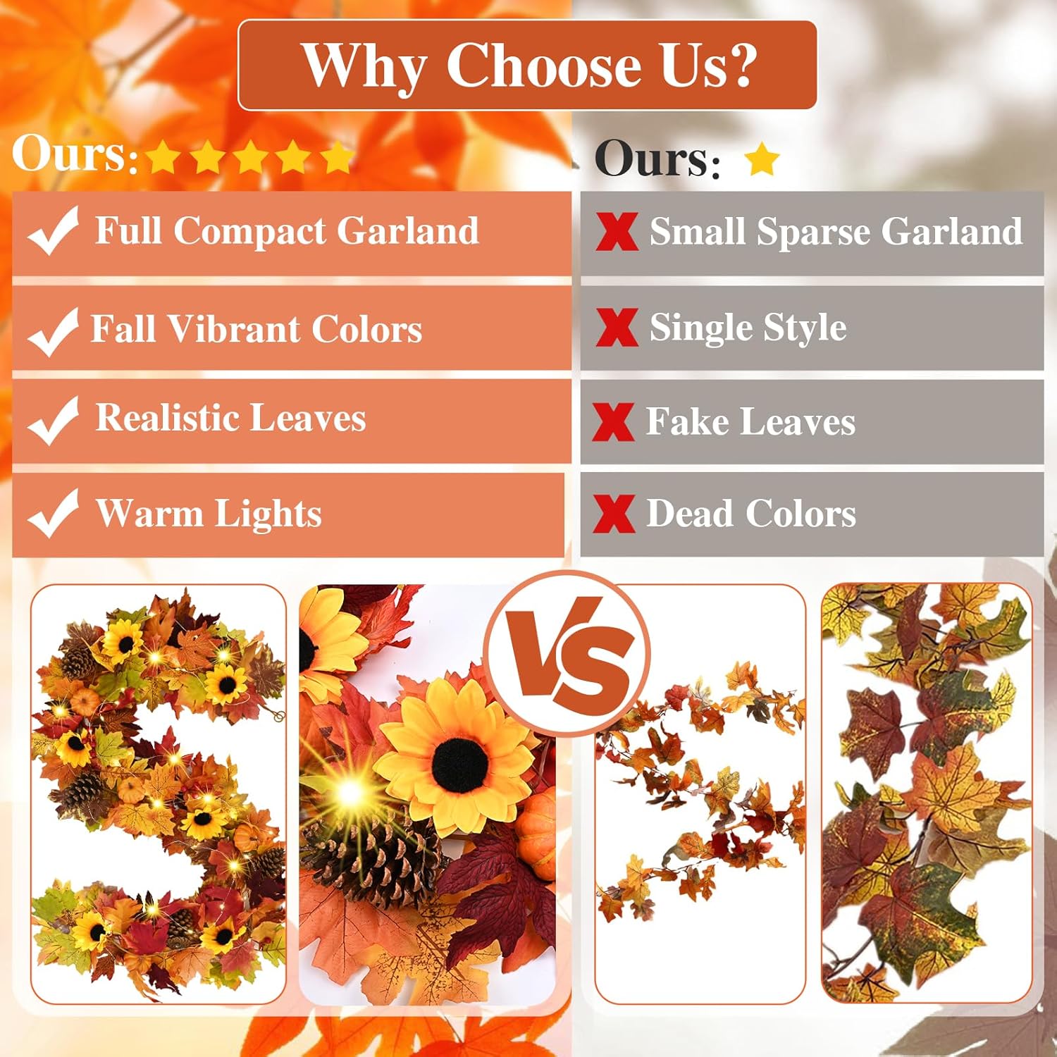 Fall Decor - 2 Pack Fall Garland with Lights, 5.7 Ft Lighted Sunflower Autumn Leaves Garland, Artificial Flower Vines for Wedding Mantle Thanksgiving Indoor Outdoor Decor