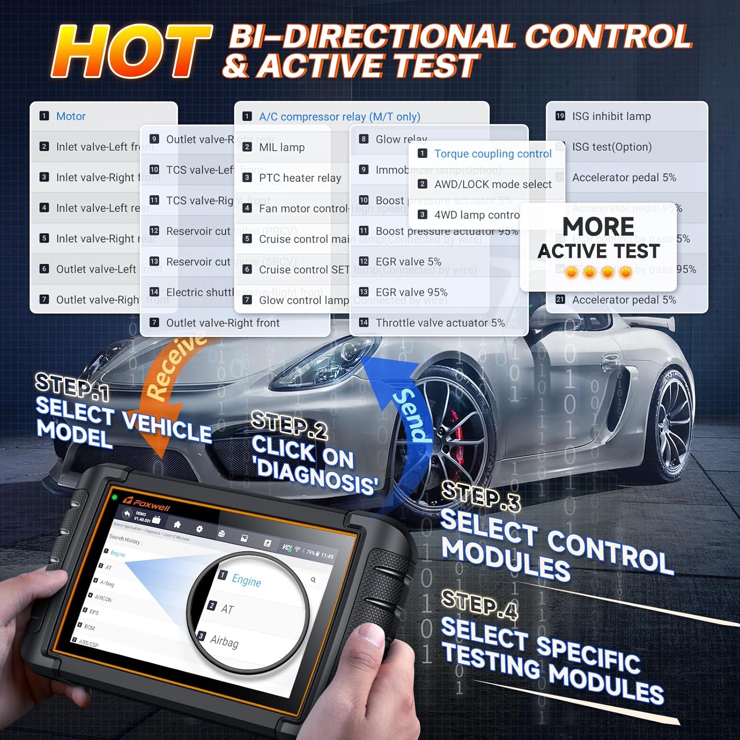 FOXWELL NT809BT showing bi-directional control and active test features