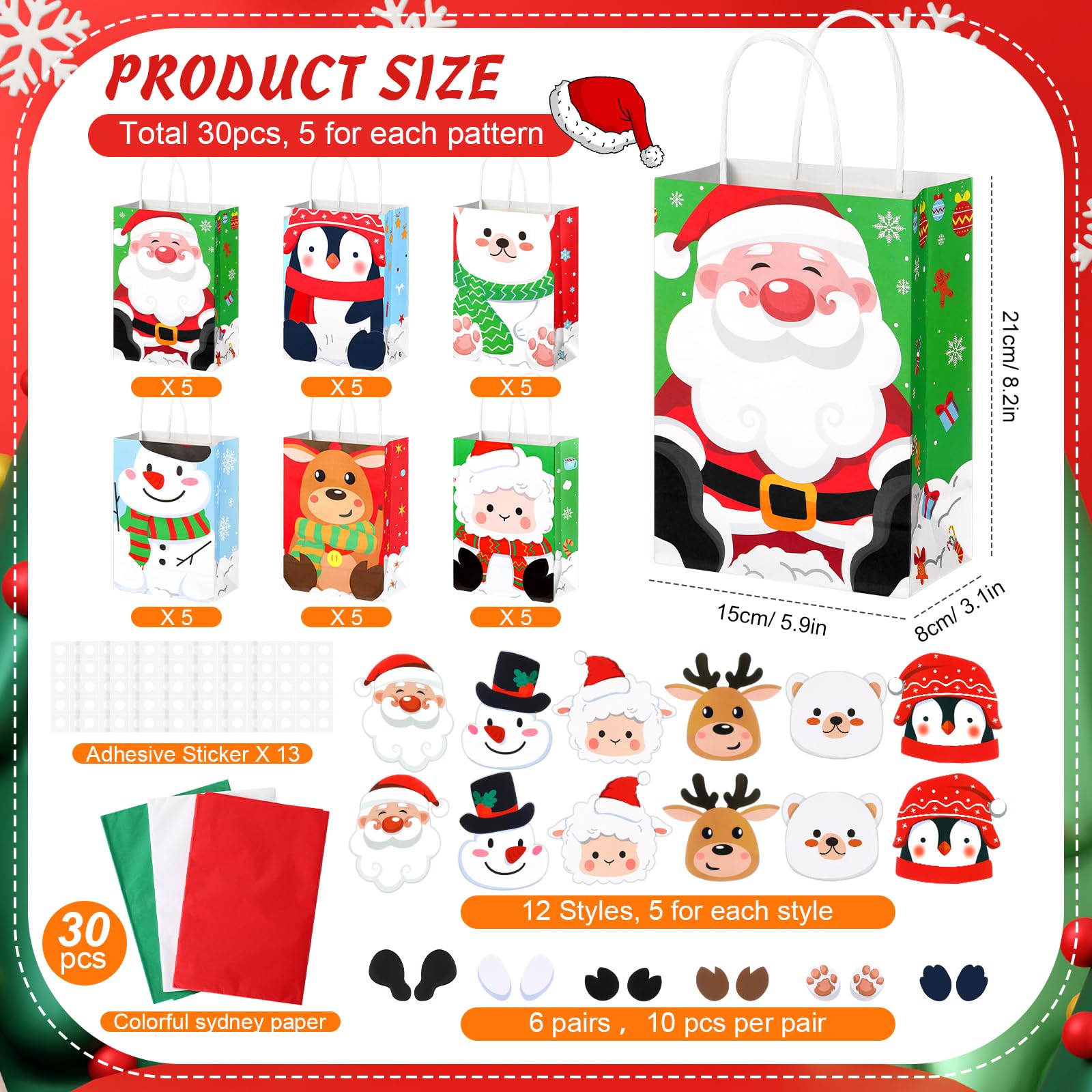 Censen 30PC Christmas Gift Bags Bulk With Tissue Paper - 8.2x5.9x3.15 Inch Holiday Party Bags