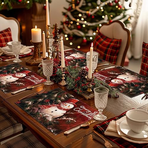 Miniatura 2 de Manteles individuales de Navidad, juego de 5 caminos de mesa de Navidad, cuadros rojos y negros, alce, decoraciones de Navidad de invierno,