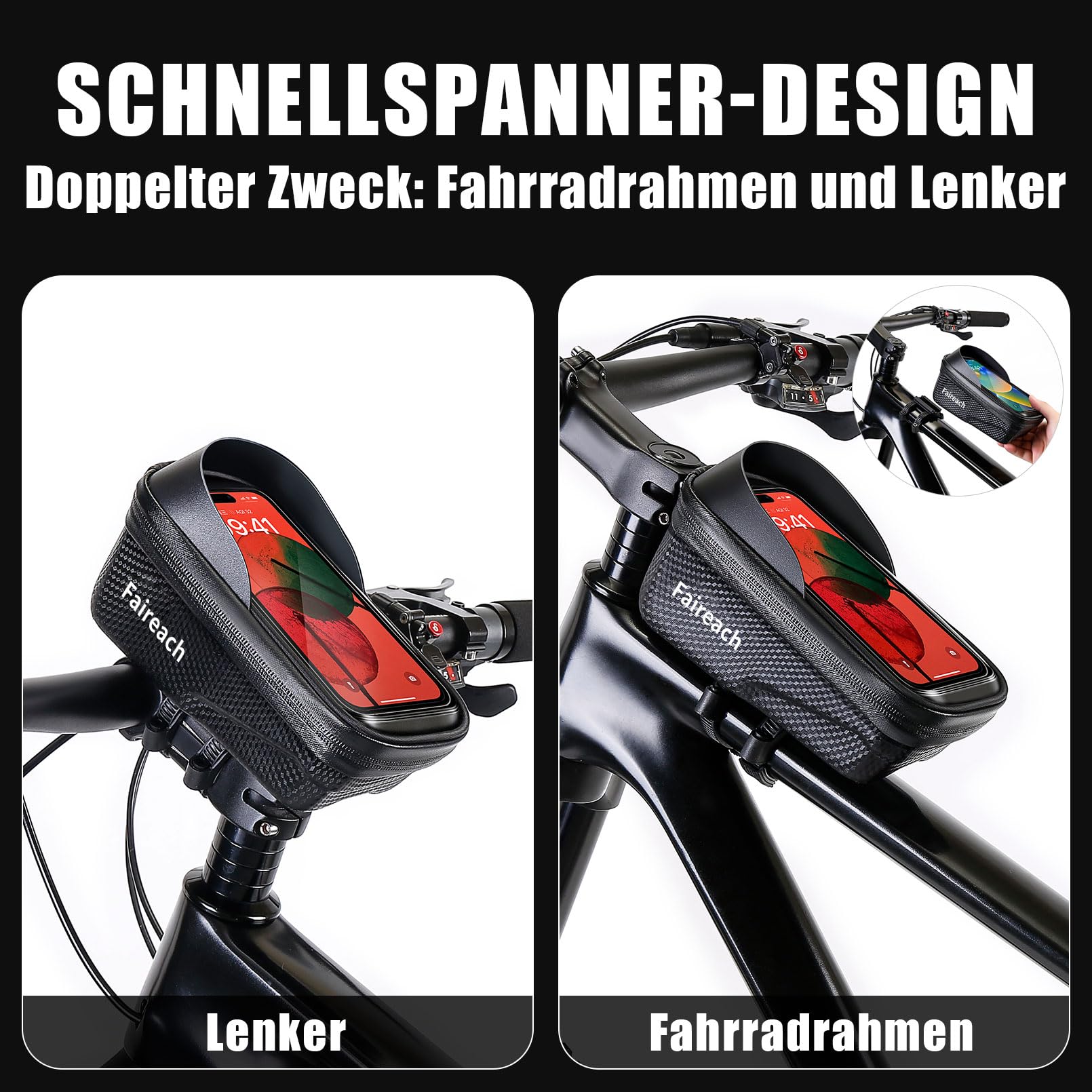 Fahrradtasche Rahmen Schnellverschluss, Fahrrad Rahmentasche Wasserdicht mit Große Kapazität Handytasche Fahrrad mit 0.25mm Touchscreen, Face ID für Smartphones 5,5-7 Zoll