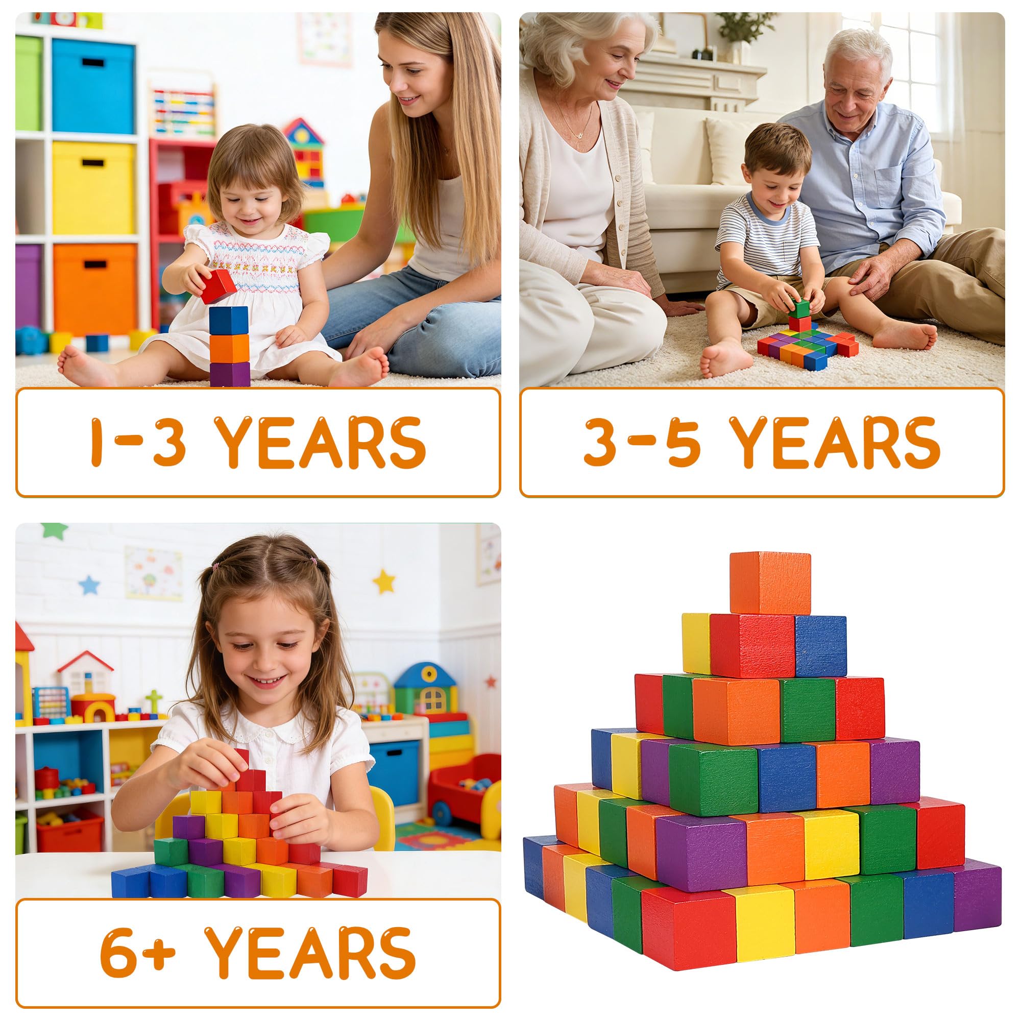 Offelec 108 Pack 1 Inch Wooden Blocks, 6 Colors STEM Math Sorting Toys, Wood Building & Stacking Blocks for Toddlers, Classroom Learning Wooden Cube Blocks, Creative Play & DIY Craft for Kids Ages 3+