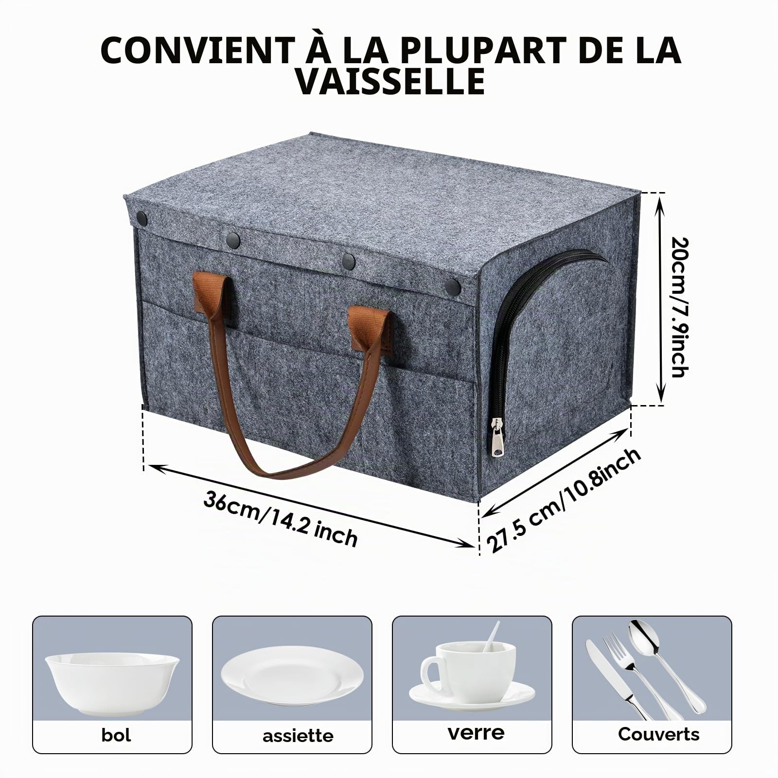 Boîte de rangement en feutre pour assiette de caravane avec porte-gobelet, récipient de rangement pour vaisselle de camping avec séparateur amovible, couvercle et plateau de rangement pour protéger