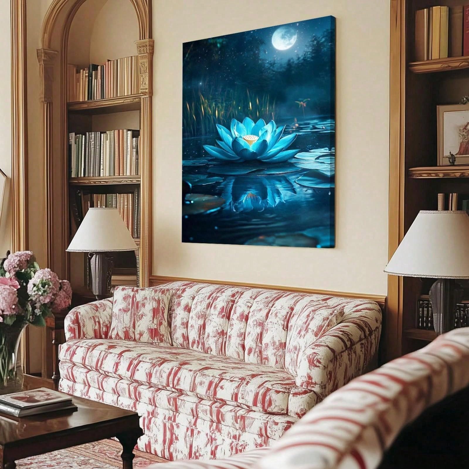 AIHNBF Mistico fiore di loto blu chiaro di luna laghetto stampa su tela incandescente ninfea notte natura paesaggio pittura zen meditazione decorazione per soggiorno camera da letto 80 x 120 cm