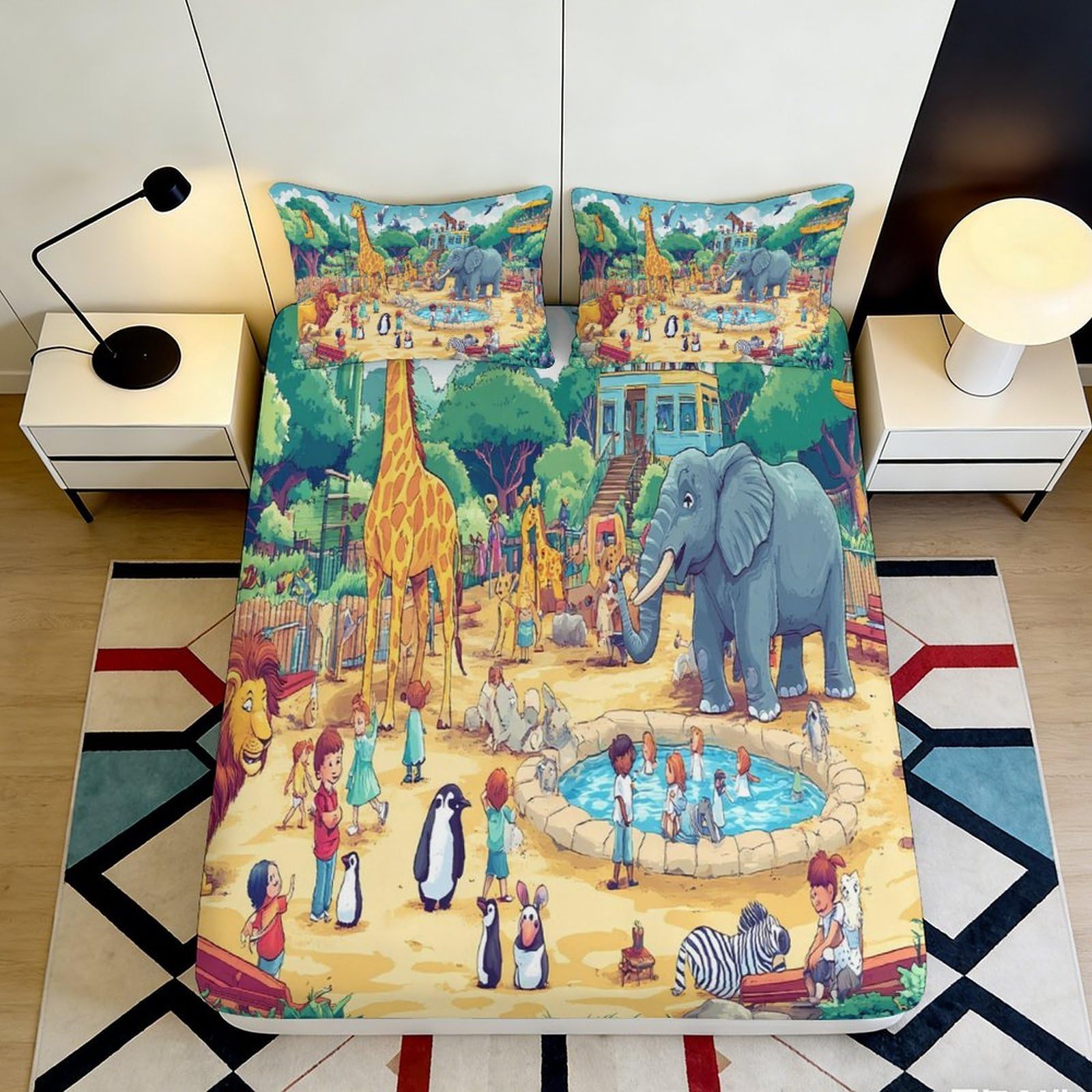 3D Printed Zoo Animals Fitted Sheet Microfiber Cartoon Safari Mattress Cover Anti-Slip Machine Washable Bedroom Decor 160x200x25cm