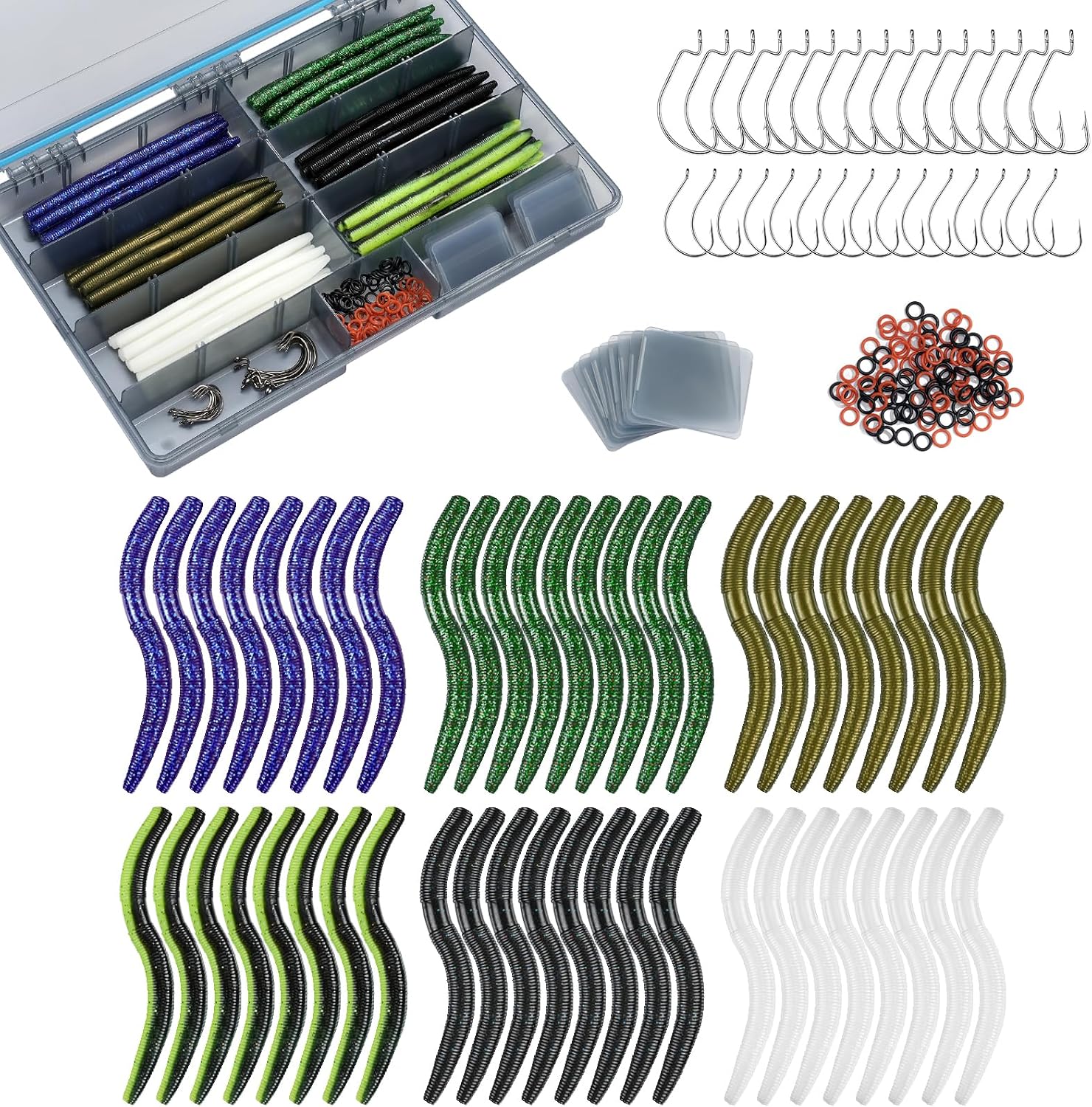 KEXMO 179PCS Wacky Worm Wacky Rig Kit for Bass Fishing, 48PCS 5.5" Worms Soft Plastic Lure with Salt Impregnation, 6 Premium Colors, 30 Hooks and 100 O-Rings with a Waterproof 3700 Tackle Box