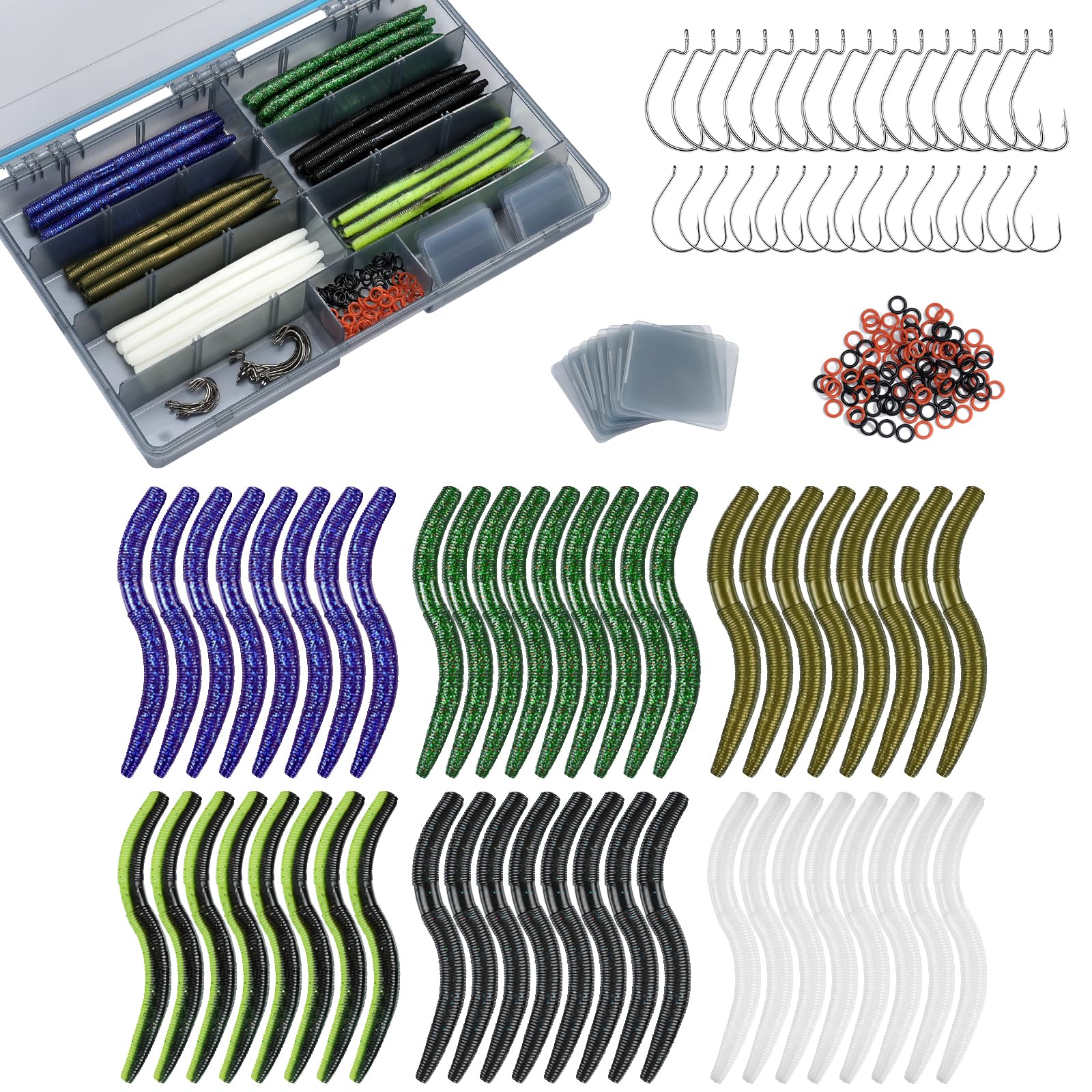 KEXMO 179PCS Wacky Worm Wacky Rig Kit for Bass Fishing, 48PCS 5.5" Worms Soft Plastic Lure with Salt Impregnation, 6 Premium Colors, 30 Hooks and 100 O-Rings with a Waterproof 3700 Tackle Box