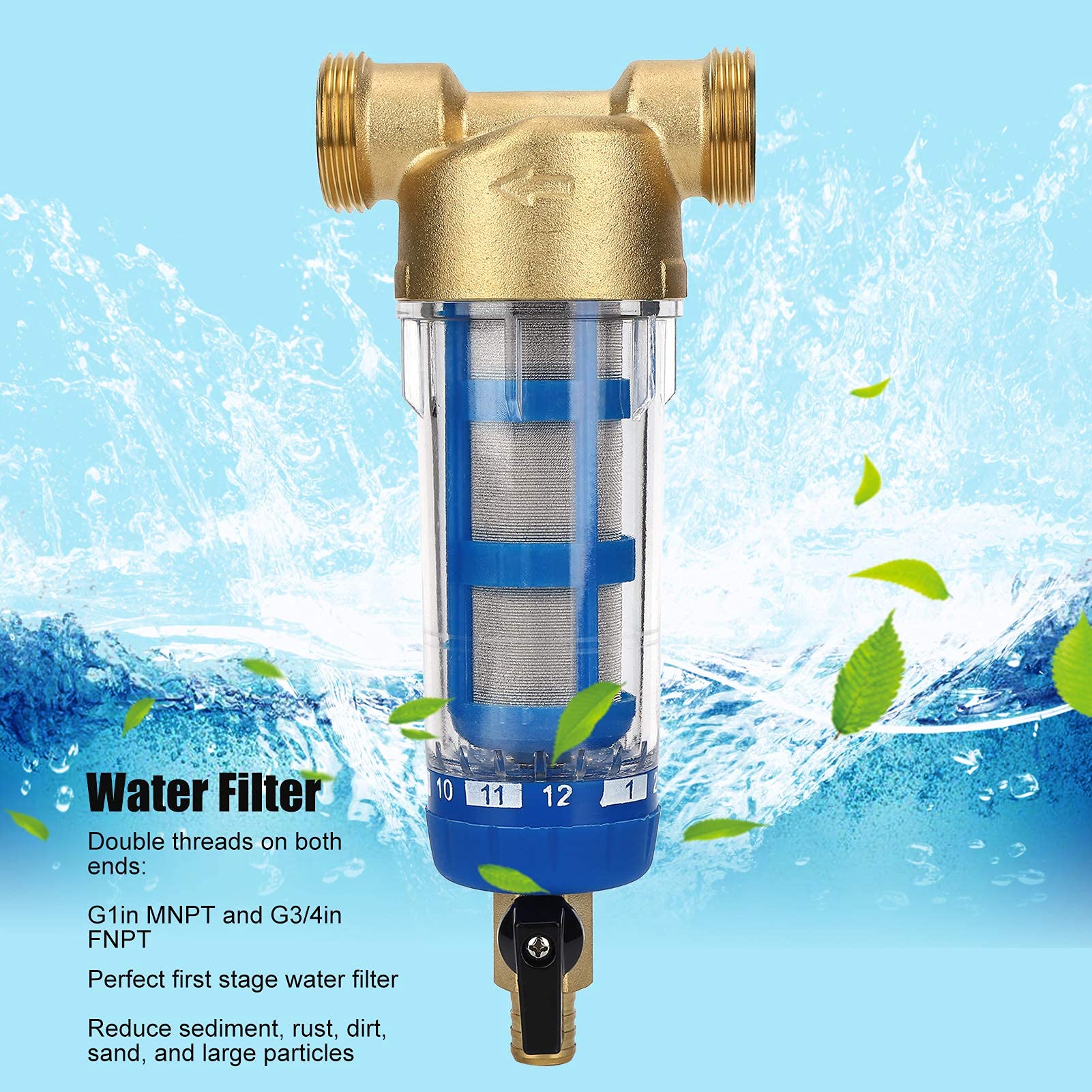 Filtro de agua prefilte de 1 pulgada, de filtro de tubería de agua para agua de pozo, filtro reutilizable para bombas G1 (1 pulgada) MNPT + G3/4 (6 puntos) FNPT