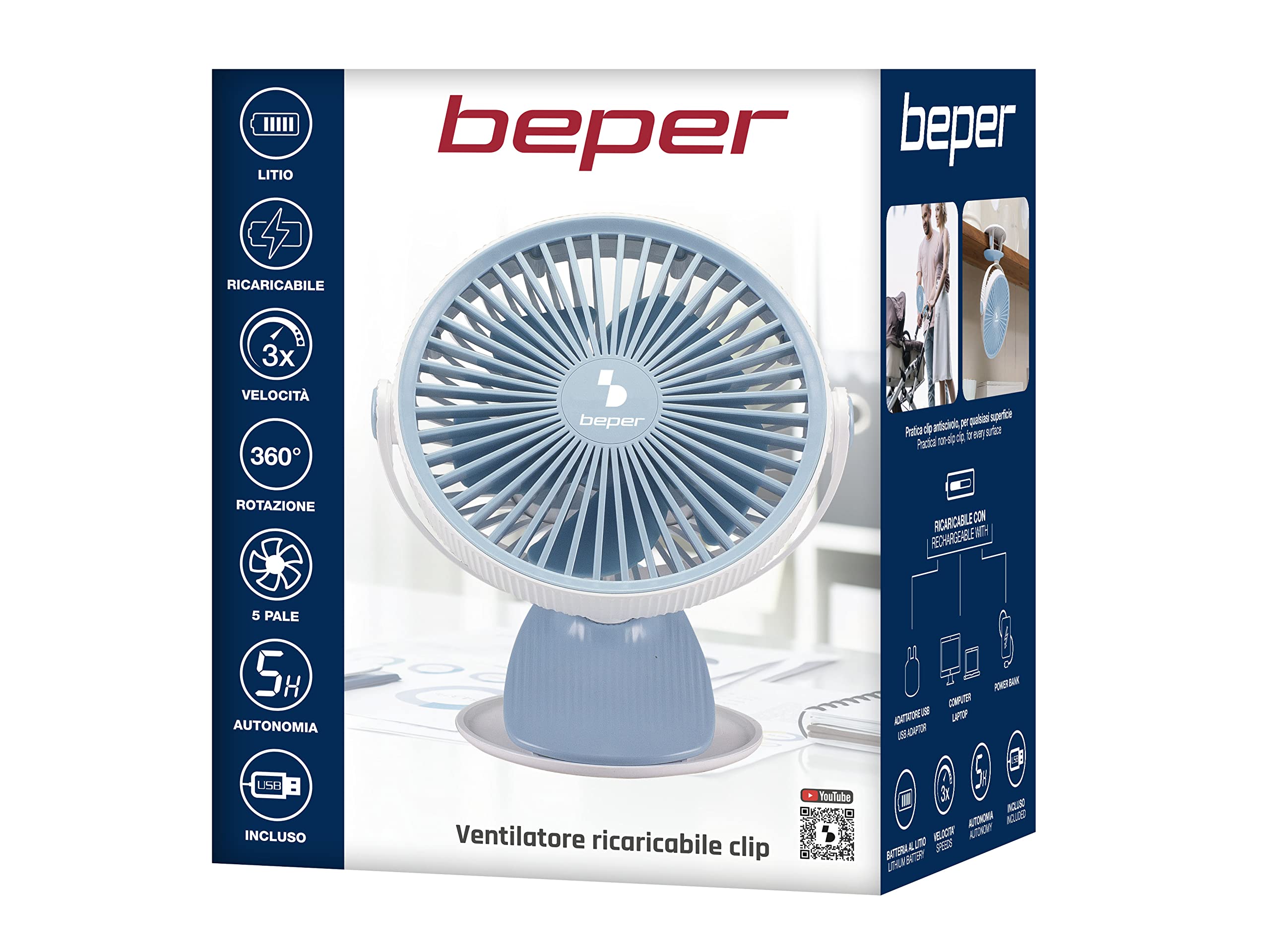 Beper P206VEN420 – Mini Ventilatore con Clip, Portatile, USB e Ricaricabile, 3 Velocità, Inclinabile, Luce LED, Salvaspazio, Silenzioso, Mini Clip Fan