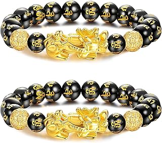 Feng Shui Black Obsidian Bracelet Pi Xiu Bracelet Chinese Bracelet Handmade Feng Shui Bracelet Bead Amulet Elastic Attract Wealth and Good Luck Bracelet for Women Men 2 Pcs