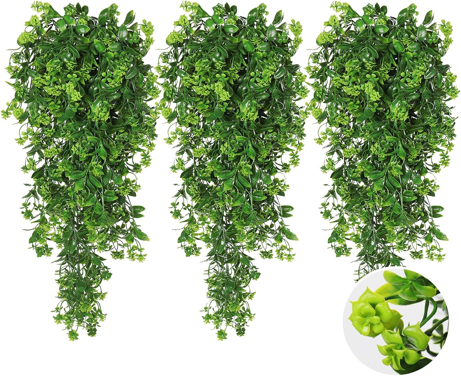SJL Fake Hanging Plants 3pcs Hanging Plants with Flowers Artificial Greenery Faux Ivy Vine Leaves UV Resistant Plastic Plant Faux Greenery Vine Plant for Wall Home Indoor Outdoor Decor (Green)
