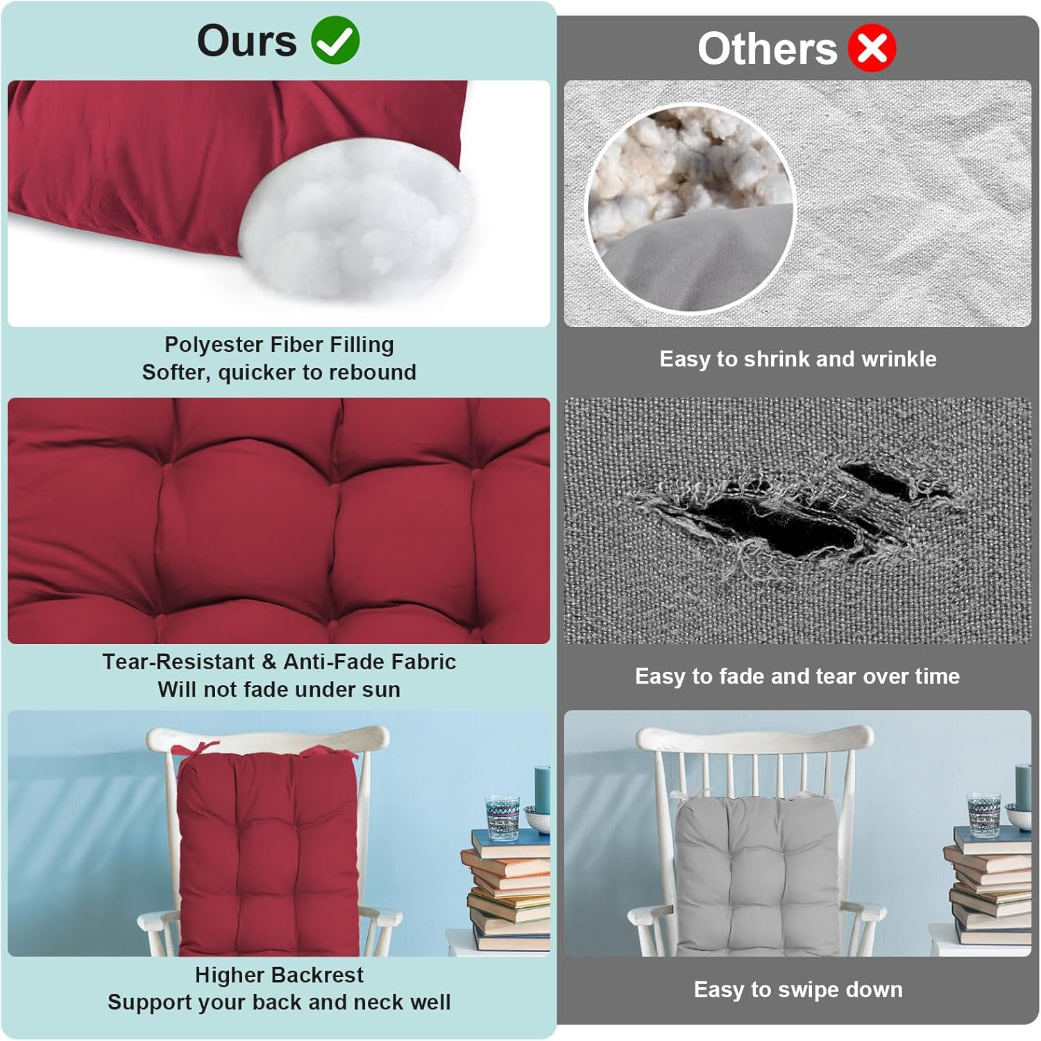 ロッキングチェアクッションセット 厚みのあるロッキングチェアーパッド ひも付き ソフトシートパッド クッションタフテッドバック シー