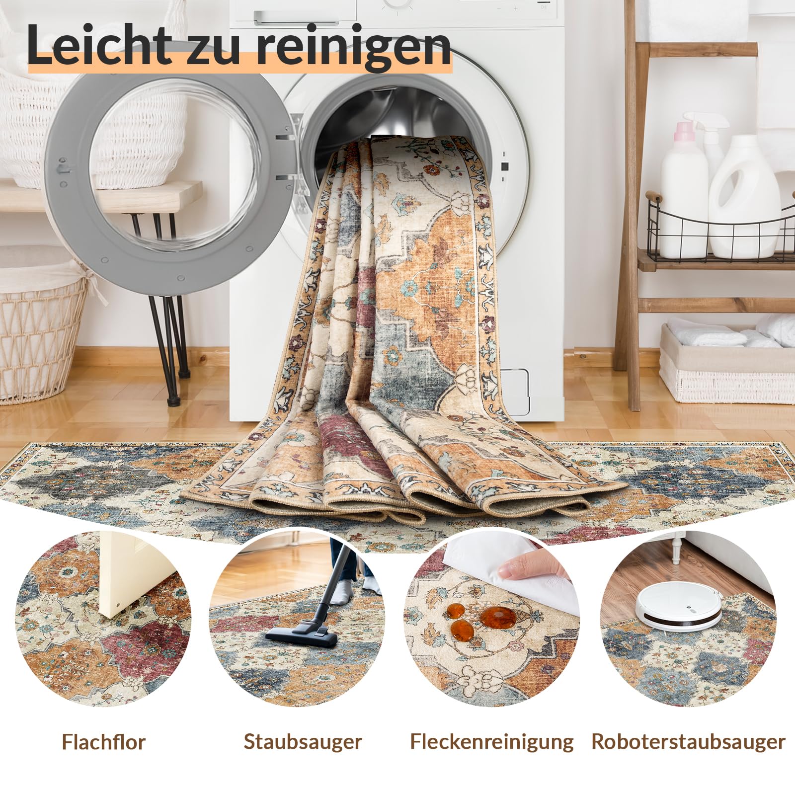 INOVADAY Teppich Wohnzimmer 200x300 cm Boho Waschbarer Teppich Orange/Rot | Moroccan, Kurzflor, Rutschfest, Teppich Schlafzimmer, Esszimmer, OEKO, Weiche, Staubsaugergeeigneter, Haustierfreundlich