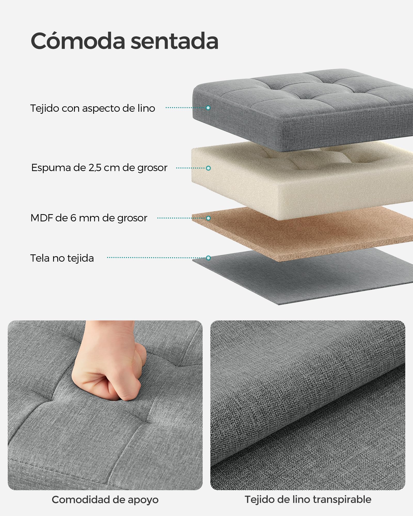SONGMICS Puff Almacenaje, Baúl de Almacenaje Plegable, 30 x 30 cm, Taburete Reposapiés, Banco con Almacenamiento, Soporta hasta 130 kg, para Sala de Estar, Dormitotio, Gris Claro LSF028G02