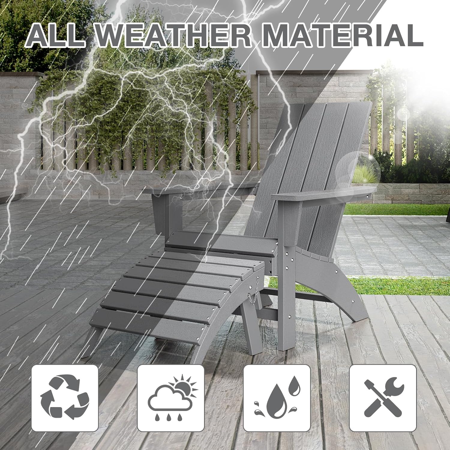 Adirondack Chair with Ottoman Weather Resistant Fire Pit Chairs with Footrest HDPE Outdoor Adirondack Chair for Patio Front Porch Pool Garden Deck Fire Pit Outside, Light Grey