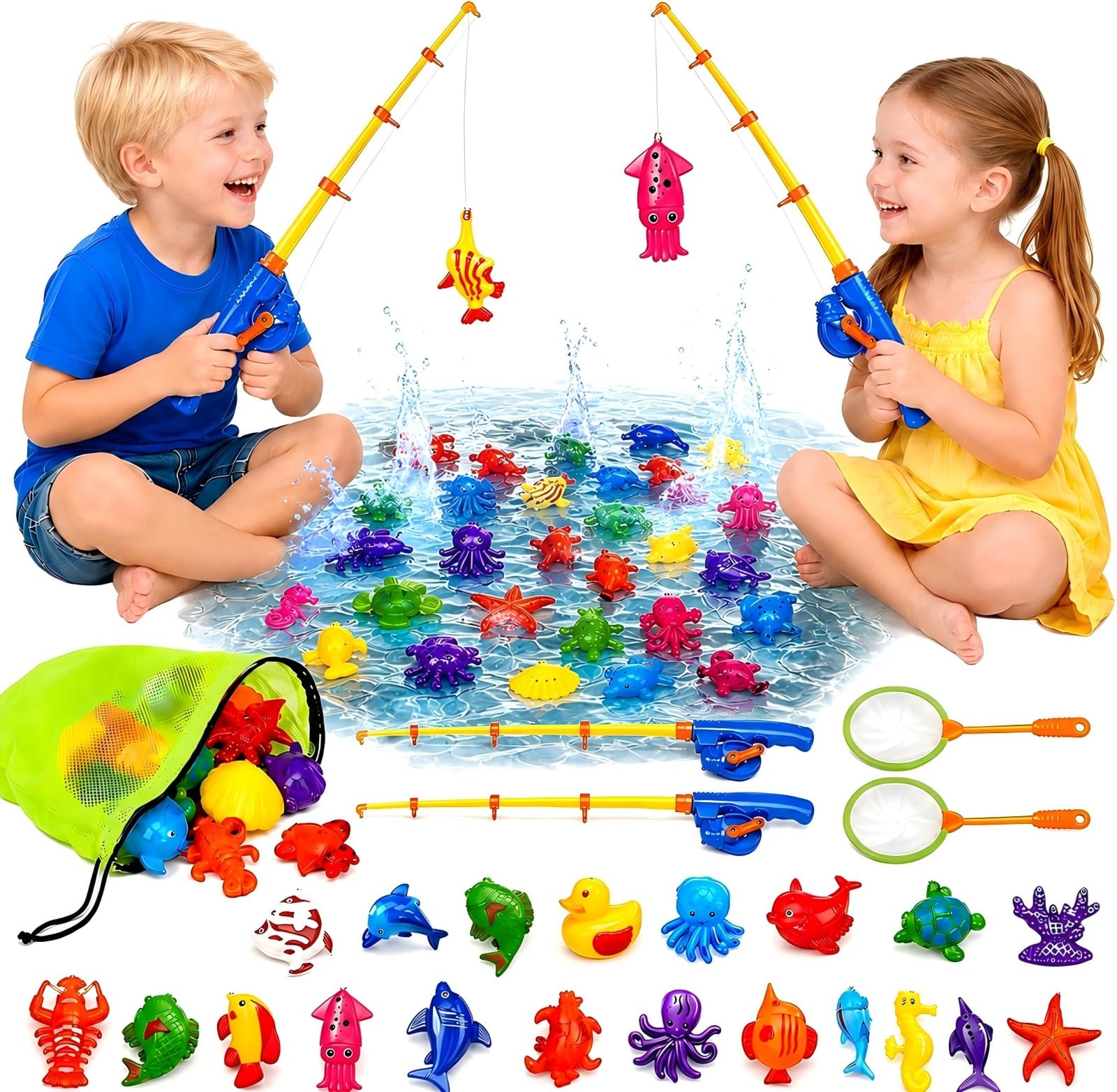 Wasserspielzeug Kinder Outdoor Angelspiel für Kinder ab 3 Jahre Badewannen Spielzeug für Kinderpartys mit Fischteich 2 Angelruten & Netz Geschenke für Kleinkinder im Alter von 3 bis 6 Jahre