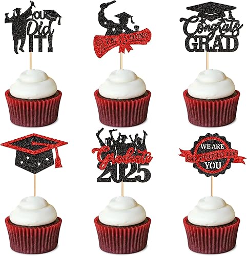 Miniatura 8 de Ercadio Paquete de 36 adornos para cupcakes de graduación 2023 con purpurina plateada 2023, selecciones para cupcakes 2023, decoraciones de pasteles
