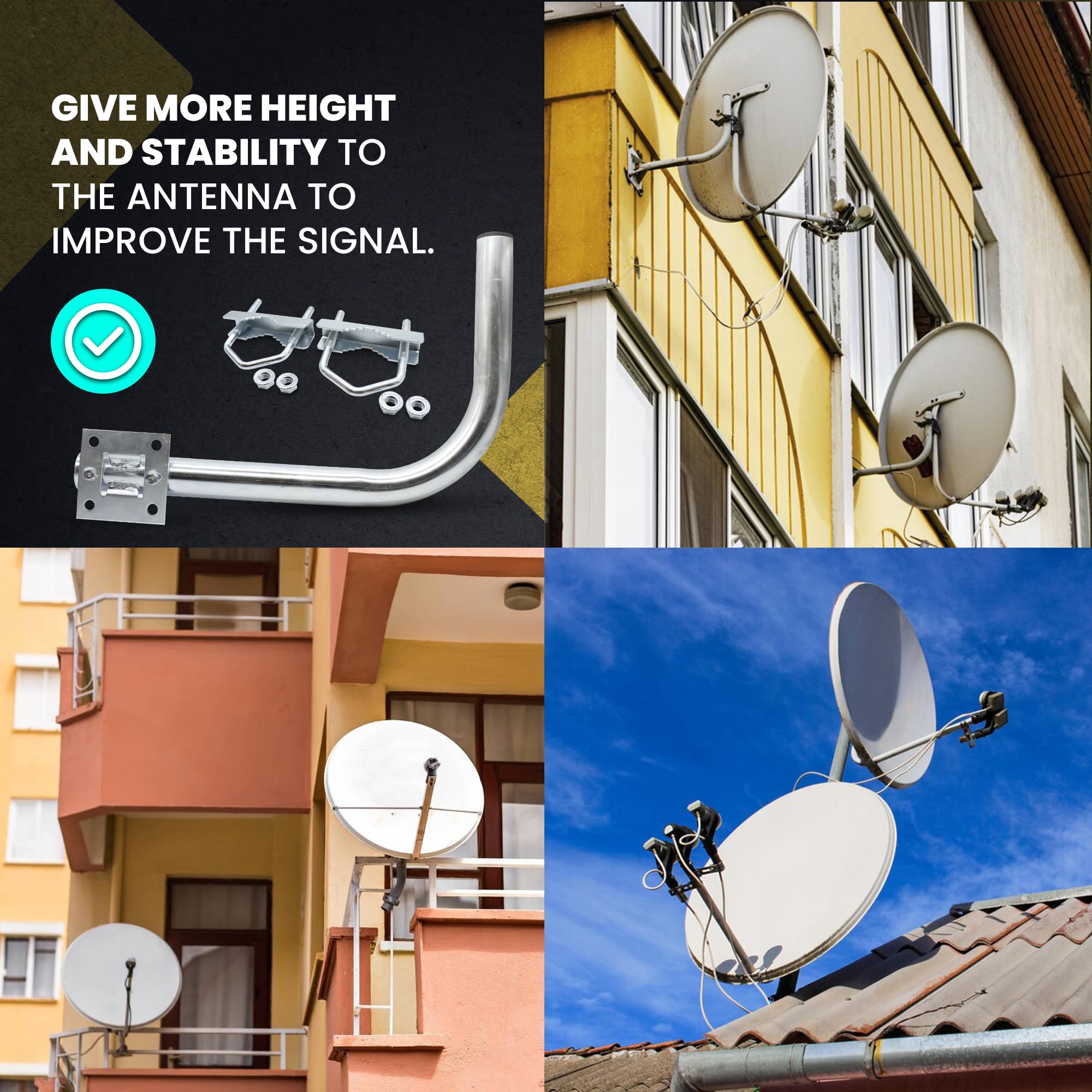 DOJA Barcelona | Support d'Antenne en L pour Balcon | Pack 1 | Mat Antenne | L42x H27x38cm | Acier Galvanise | Accessoires De Fixation | Pour Support Mural TV, Antenne TV Exterieure, Parabole
