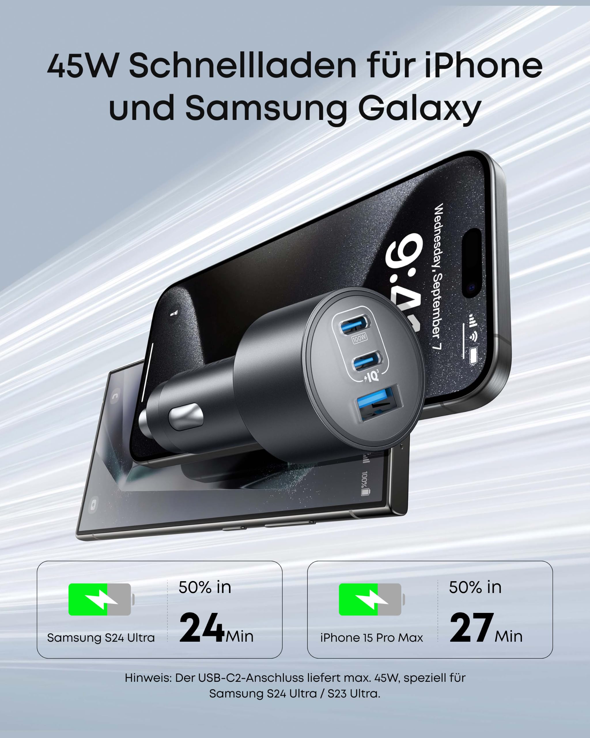 Anker 167,5W max. Zigarettenanzünder USB C, 3 Port kompaktes Typ-C Auto Ladegerät, Kfz-Ladegerät für MacBook Pro/Air, iPhone 17/16/15/14/13 Serie, Samsung S26 / S25, iPad Pro, AirPods und weitere
