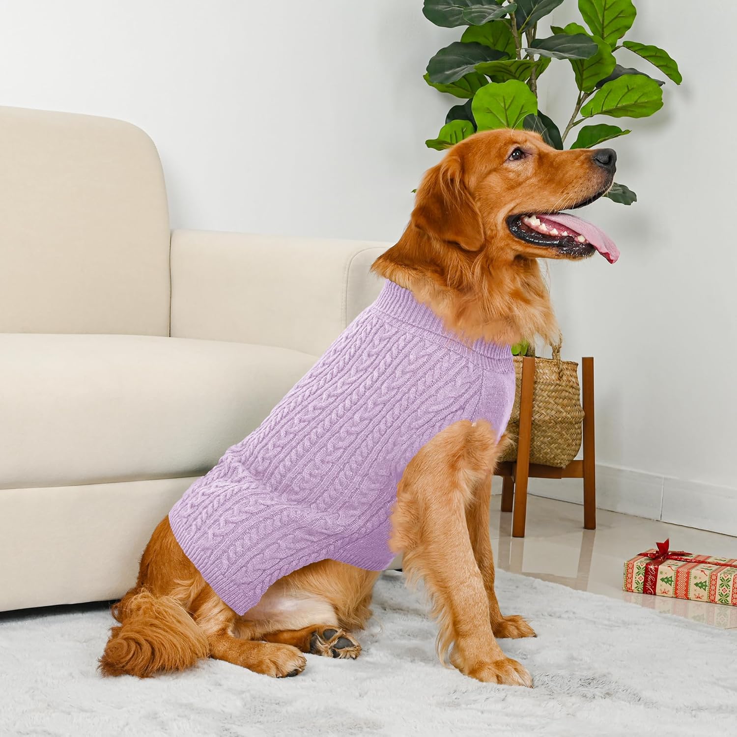2 Pack Dog Sweaters for Large Dogs Winter Turtleneck Pullover Cable Knit Fleece Stretch Pitbull Labrador Golden Retriever Doberman Bulldog Boy Girl Pet Clothes (XXL, Pink & Purple)