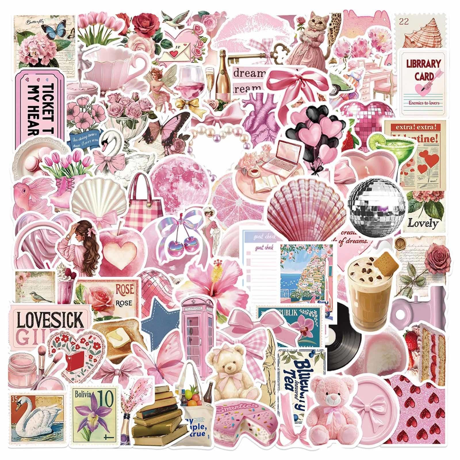 VOOSFSIE 100pcs Vintage Pink Girls Stickers Cute Waterproof Vinyl Coquette Aesthetic Stickers for Laptop, Water Bottle, Scrapbook, Computer, Phone, Guitar Decoration