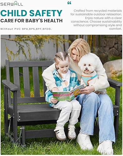 Miniatura 7 de SERWALL Silla Mecedora Deslizante para Exteriores, HDPE Resistente a Todo Clima, Sofá Biplaza para 2 Personas, Banco Mecedor para Exteriores con