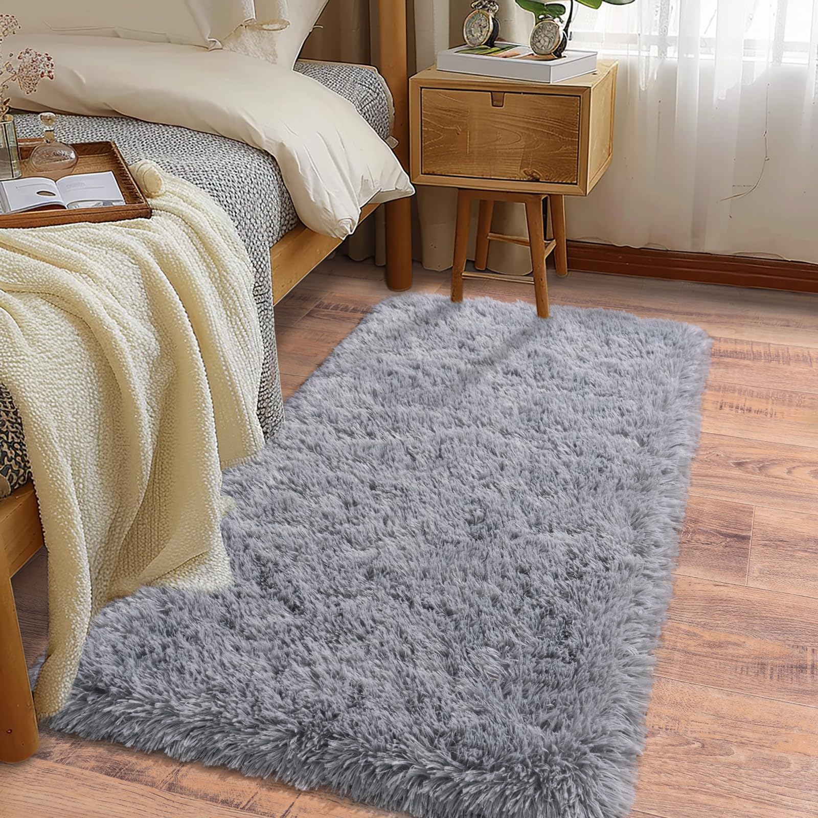 Ailyei Soft Runner Rugs for Bedroom Hallways, 2 Packs 2x4 Grey Fluffy Shag Throw Area Rug Non Slip for Bedside Dorm, Long Shaggy Furry Carpet for