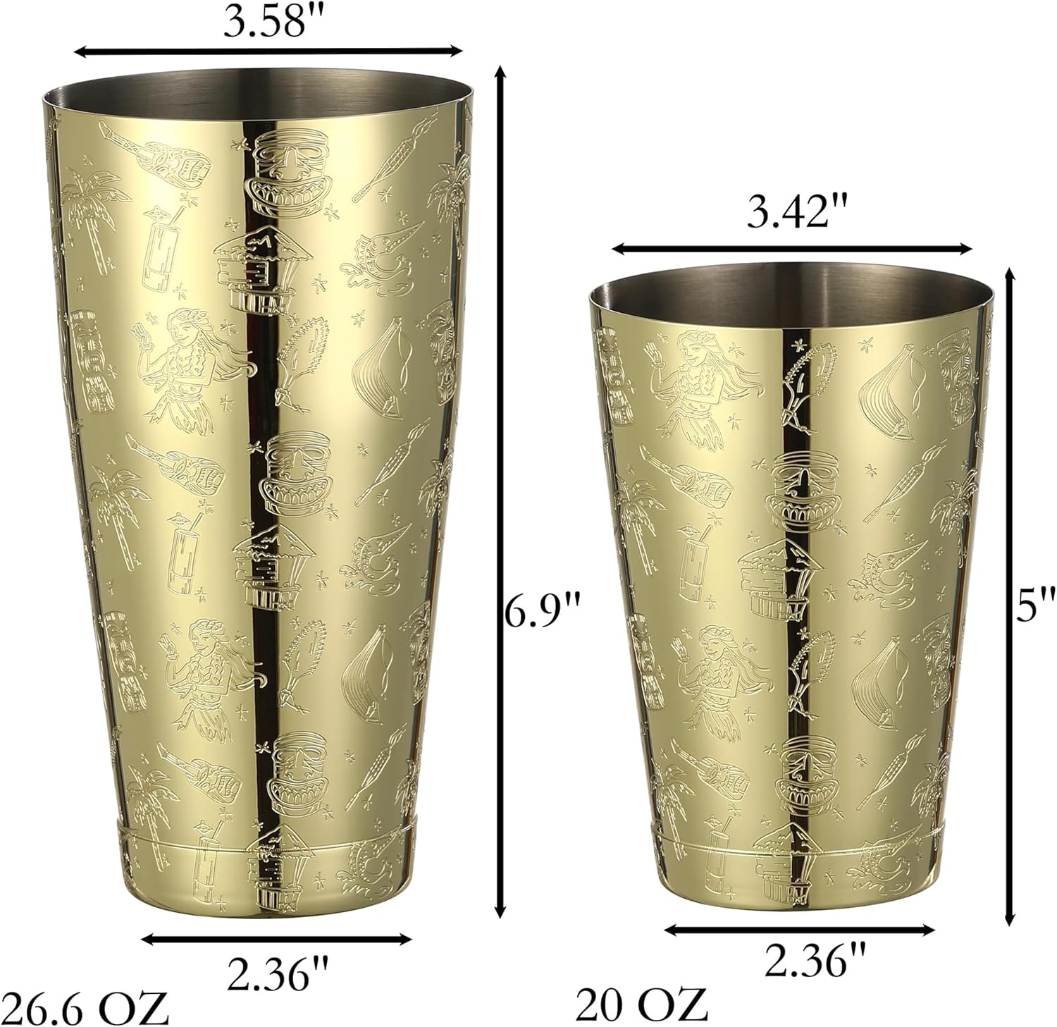 Weighted Boston Shaker Cocktail Shaker Etched with Tiki Imagery (Gold Tiki Graphic) - Image 7