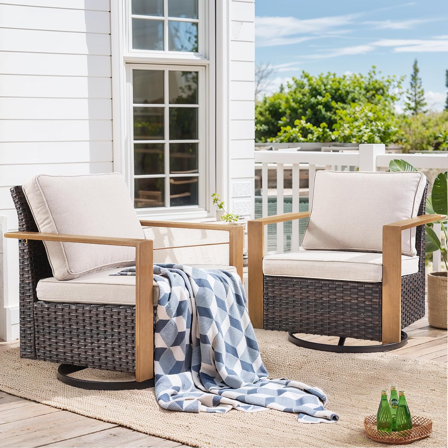 HUMMUH Outdoor Swivel Rocker Patio Chairs Set of 2-All Weather Wicker Swivel Rocking Outdoor Chairs for Deck Porch Poolside Balcony-Brown/Beige