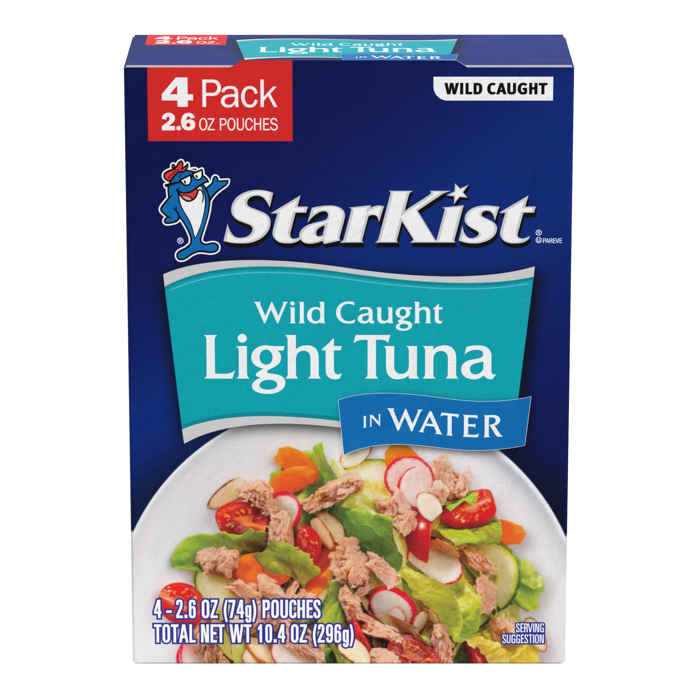 StarKist Chunk Light Tuna in Water, 2.6 oz Pouch (4 Pack) Ready to Eat Wild Caught Tuna, 17g Protein, 70 Calories Per Serving, Gluten Free, Soy Free, Kosher, Perfect for Salads, Keto Meals and Snacks