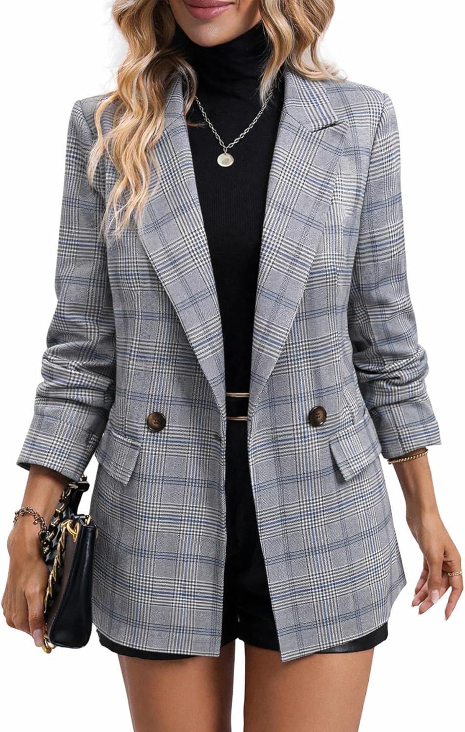 Mina Self Women’s 2026 Spring Plaid Houndstooth Blazer Jacket – Fully Lined Button Lapel Casual Work Office Suit with Pockets