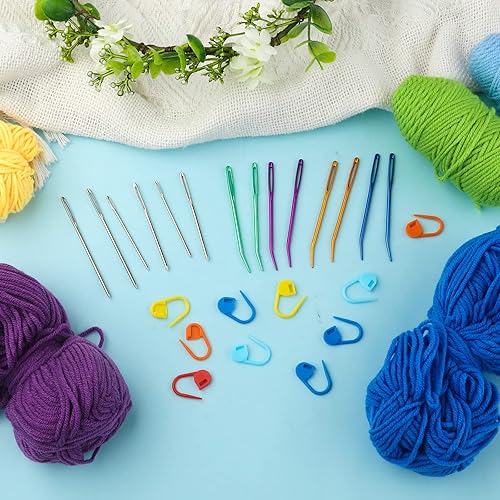 Miniatura 6 de Kit de agujas romas de ojo grande, agujas de tejer de hilo que incluyen 8 agujas de tapiz curvadas, 9 agujas rectas y 10 marcadores de punto para